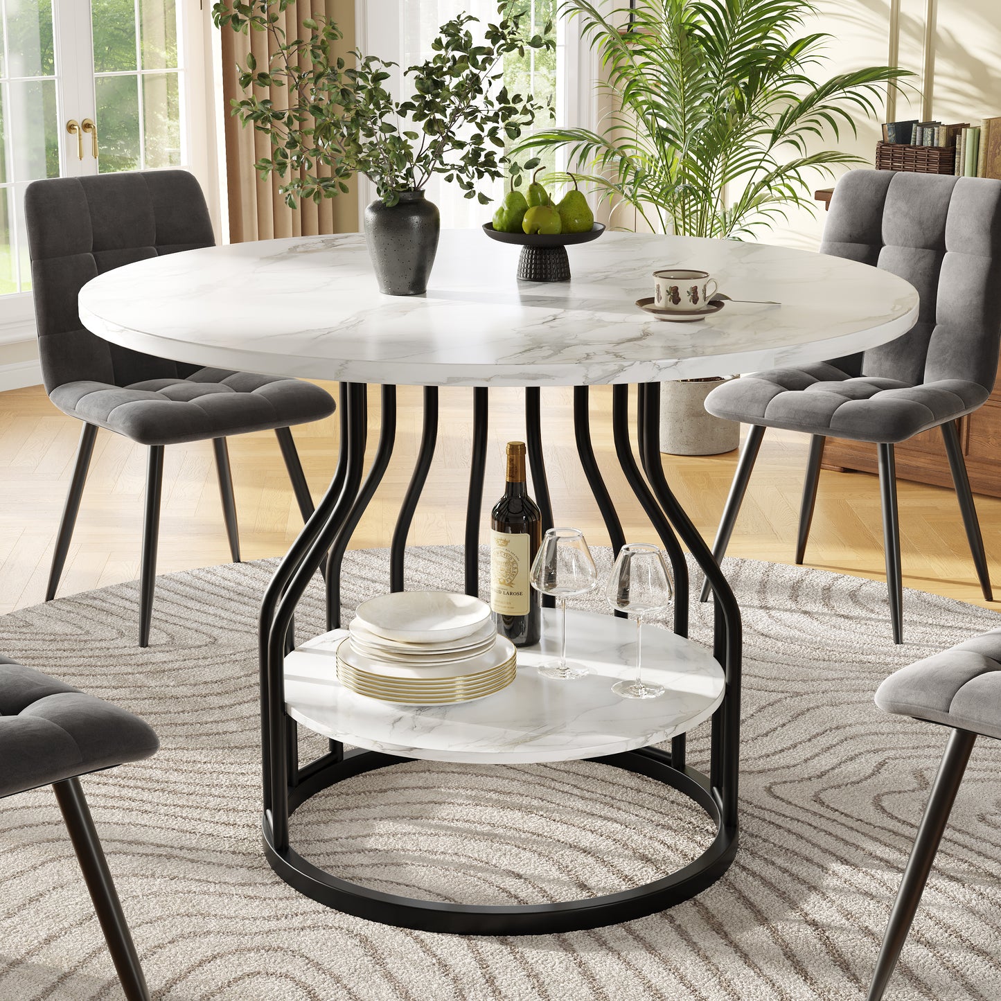 Gigab2b original image - Runder Esstisch (80×80×76cm), Küchen-Esstisch, runder Couchtisch für 4 Personen, kleine runde Platte in der Mitte zur Aufbewahrung, geeignet für Esszimmer, Wohnzimmer, MDF-Marmor-Tischplatte, schwarz