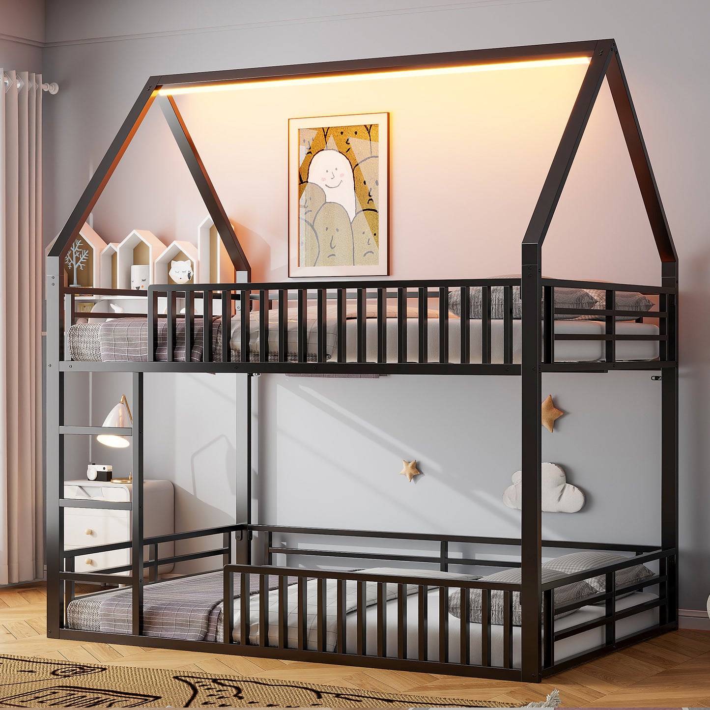 140x200 Haus-Etagenbett mit Zaun und LED-Licht, Schwarz