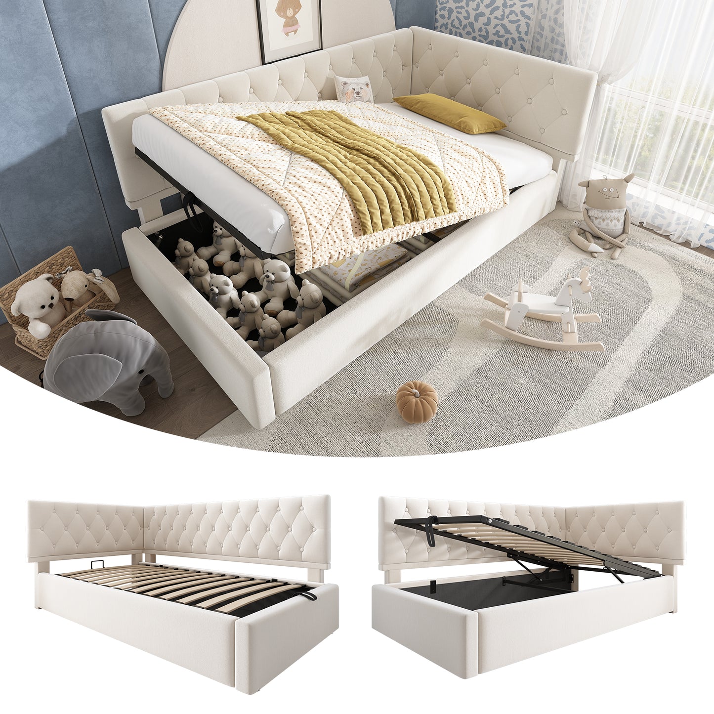 Gigab2b original image - Polsterbett Tagesbett Daybett 90x200cm, Schlafsofa mit hydraulischem Stauraum, Kinderbett Jugendbett Bettgestell mit Lattenrost aus Holz, Samt, Beige, ohne Matratze.