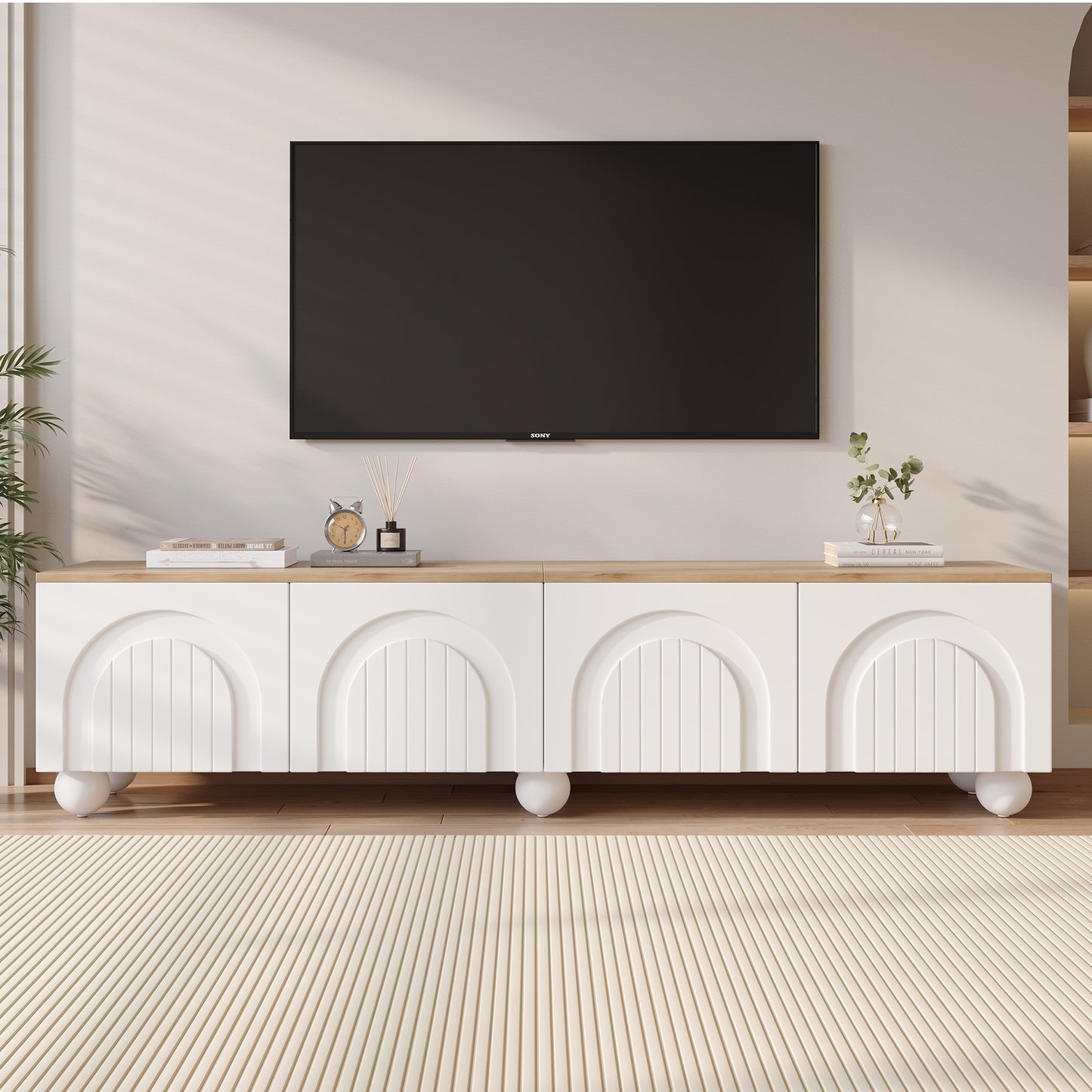 180*40*45cm TV schrank mit 4 Schränken,TV stand und Fernsehschrank mit 6 Kugelfuß Metallbeine, Lowboard und Fernsehtisch,TV-Board und TV-Kommode Geeignet für Fernseher um 80 Zoll, Holzfarbe+Weiß