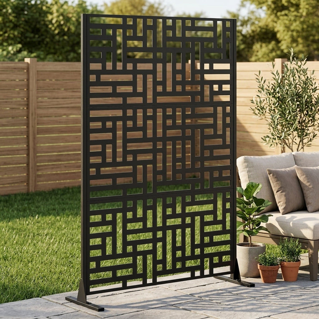 Gigab2b original image - Metal Privacy Screen for Outdoor Freestanding, 183 x 116cm Decorative Metal Fence Panels with Stable Base, Portable Divider Screens for Patio, Deck, Balcony, Backyard, Garden
