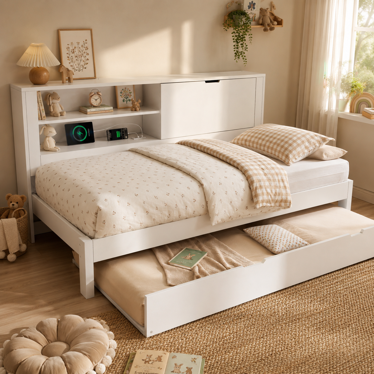 Gigab2b original image - Schlafsofa Einzelbett 90×200 cm mit Ausziehbett 90×190, weißes Bettgestell mit Stauraum‑Rückwand, offenes Fach, verdeckter Klapp‑Stauraum, USB/USB‑C Ladestation, Lattenrost, Ohne Matratze
