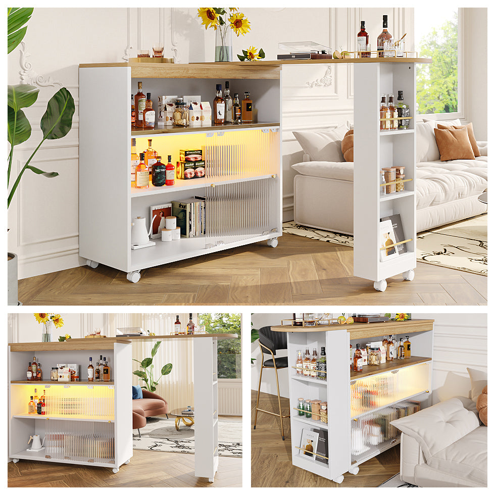 Ausziehbarer Bartisch mit Stauraum , Moderner Beweglicher Bar Table, Teleskopischer Bartisch mit LED, Stehtisch Bistrotisch Hochtisch Kücheninsel Bistro Table,Großer Stauraum,Weiß(138-204×39×105cm)