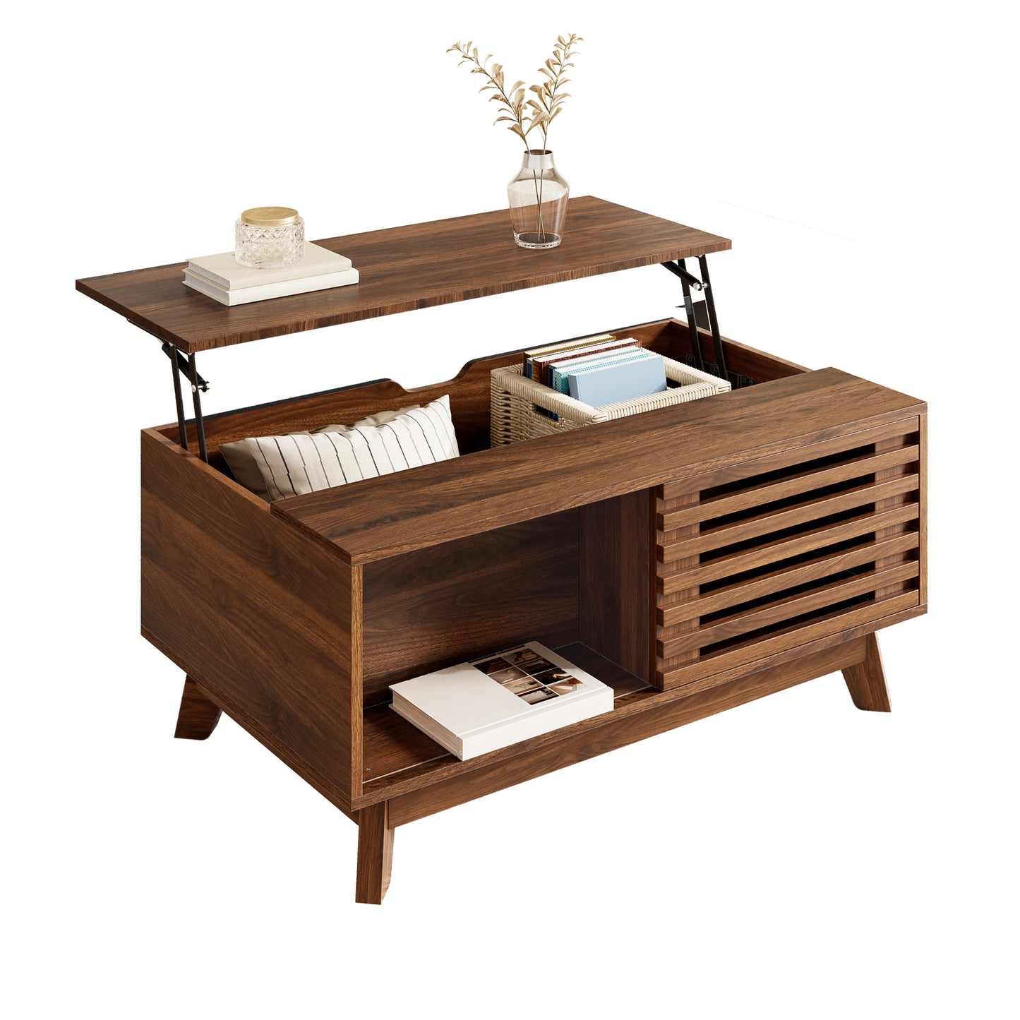 Couchtisch Modern Retro, höhenverstellbare Tischplatte, verschiebbare Jalousietür, Walnuss-Optik, MDF-Korpus, multifunktionaler Wohnzimmertisch