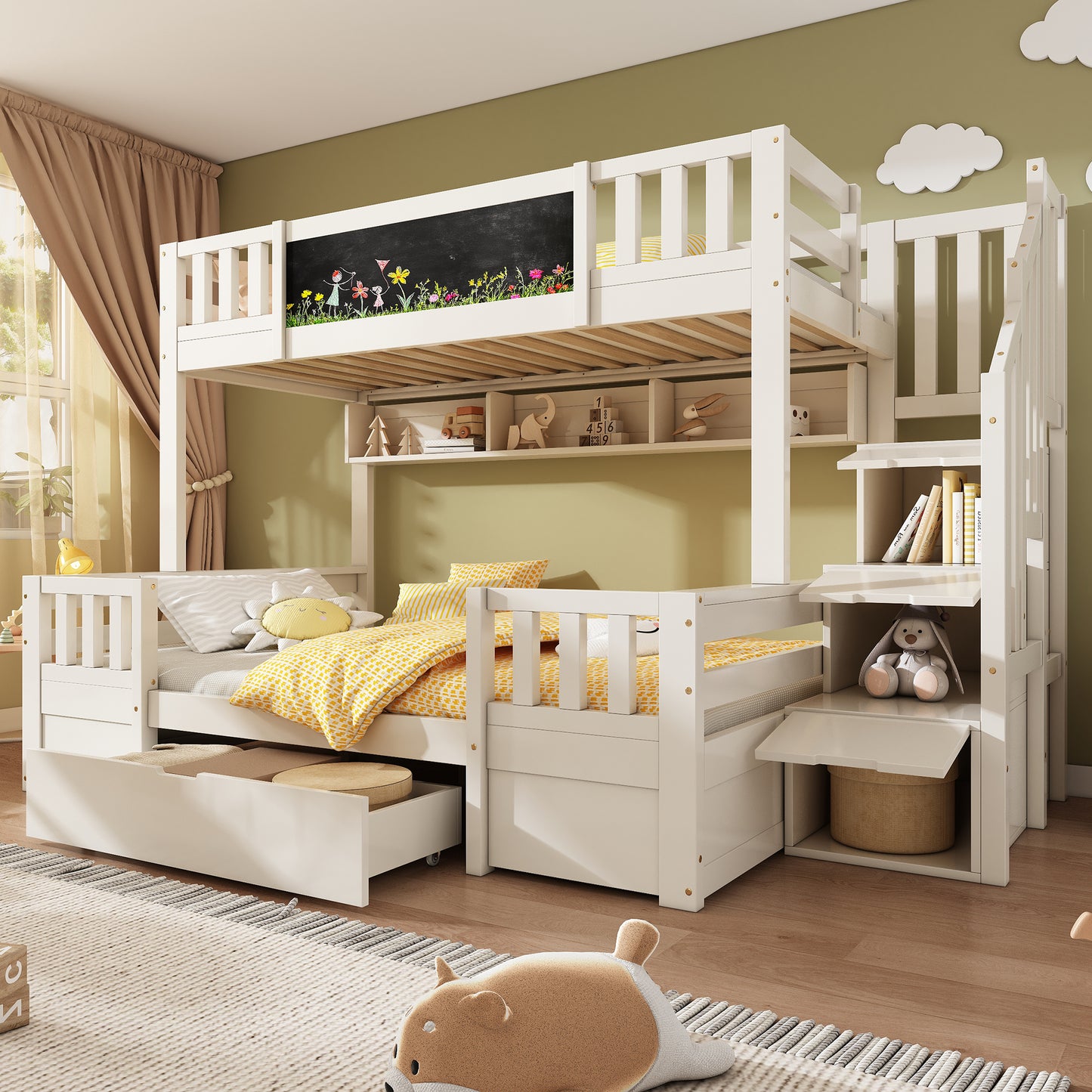 Gigab2b original image - Etagenbett für 3 Kinder 90x200 & 140x200 aus Massivholz mit Kreidetafel, Stauraum-Treppe, Schubladen und Leiterschrank, stabiles Hochbett/Stockbett Jugendbett, Weiß