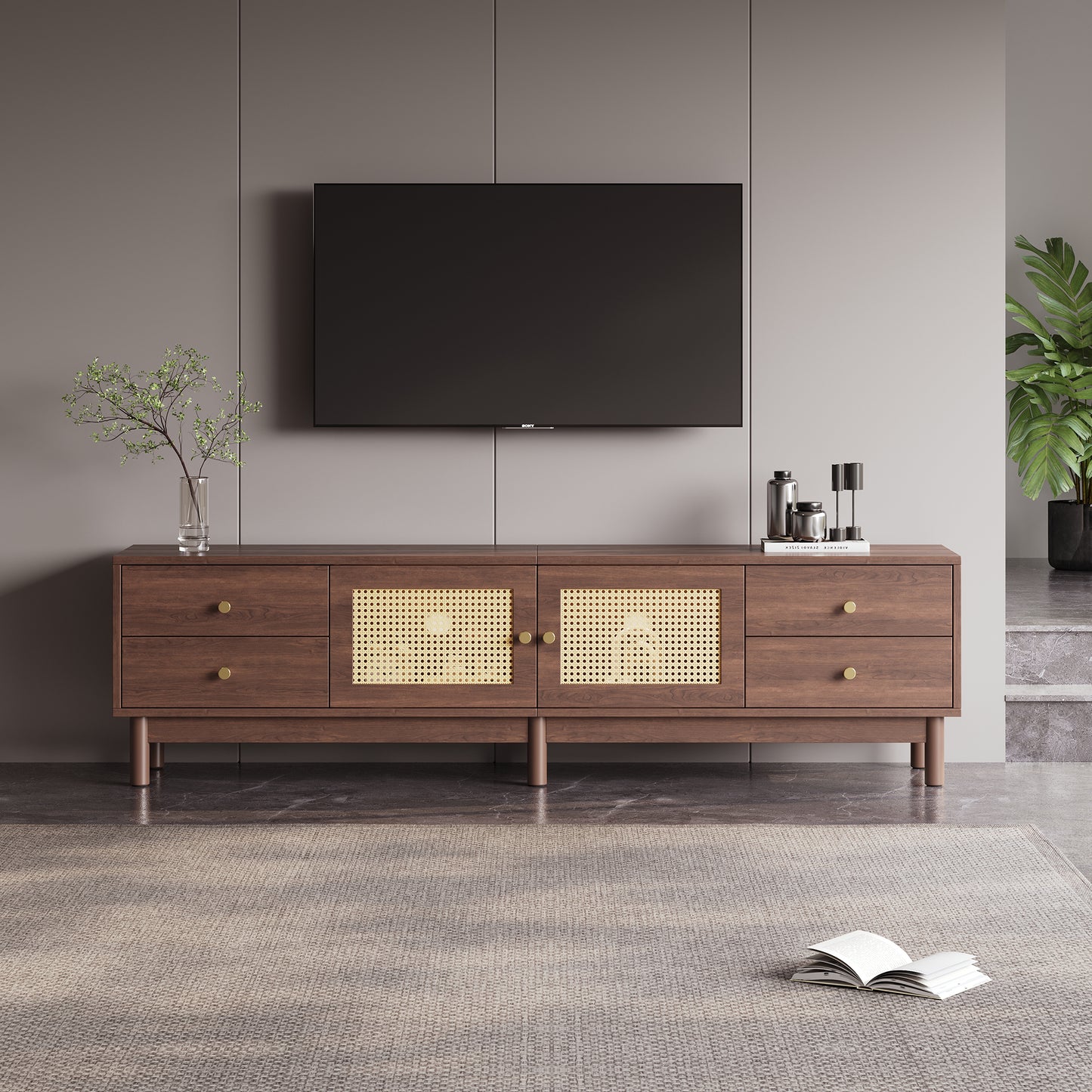 180cm langer TV-Schrank in dunkler Holzoptik mit zwei Rattantüren, vier Schubladen, Kabelmanagement und hydraulischen Scharnieren – Für Fernseher bis zu 80 Zoll geeignet
