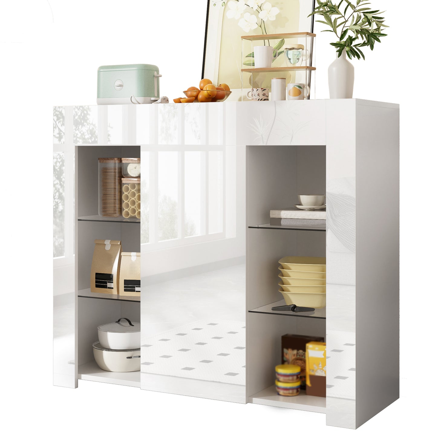 Gigab2b original image - Modernes Weißes Buffet mit Hochglanz-Front – Kompakte, stilvolle Aufbewahrungslösung mit Glasregalen und Schranktür für Wohnzimmer, Esszimmer oder Küche – 95x35x83 cm