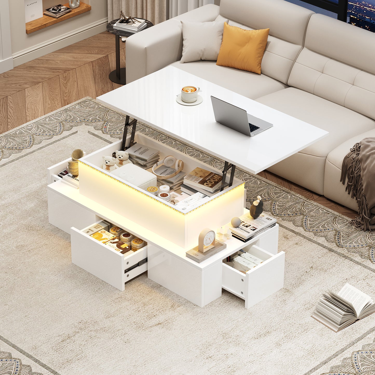 100*50*40cm anhebbarer Couchtisch mit 4 Schublade,Hochglanz-Beistelltisch mit LED,Sofatisch,kaffeetisch,Wohnzimmertisch mit verstecktem Stauraum,Weiß,MDF