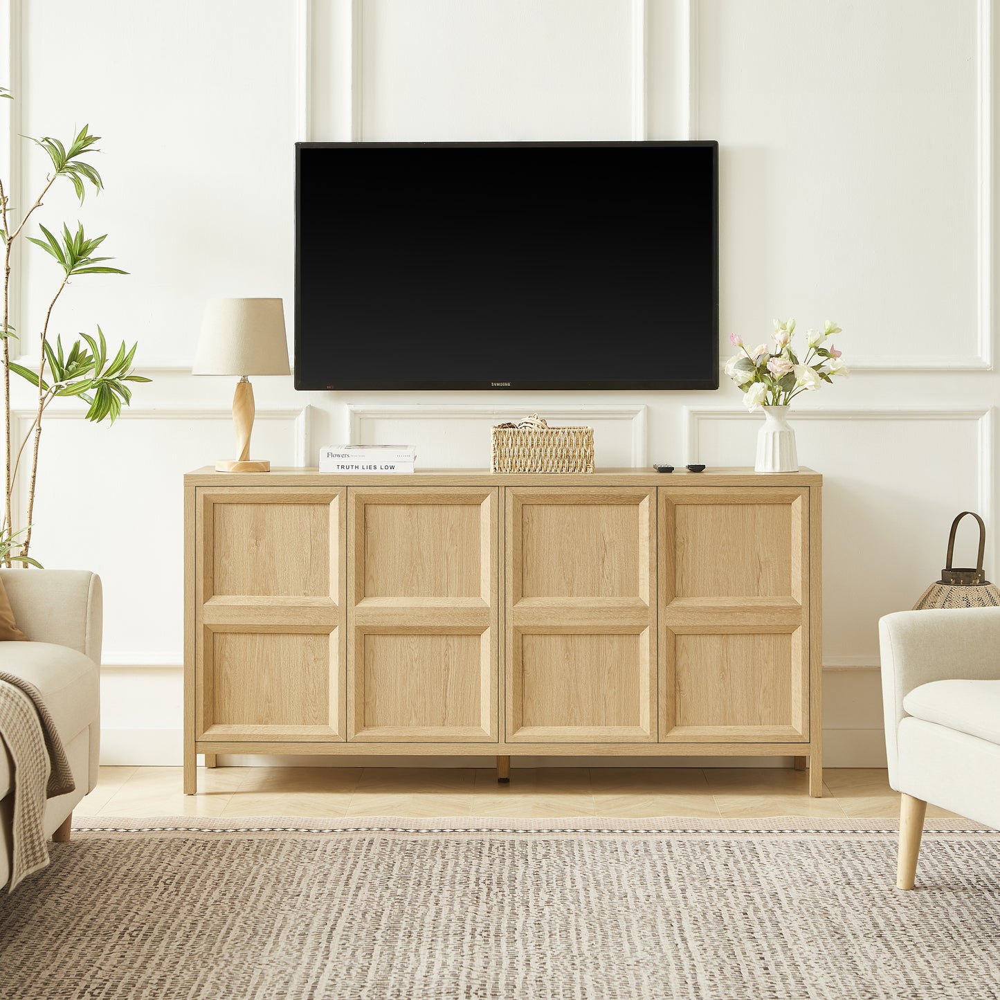 Gigab2b original image - Moderner Sideboard Aufbewahrungsschrank mit Tip-On Öffnung, Soft-Close Scharnieren und kippsicherer Wandhalterung, Schlafzimmer Kommode 160x40x80 cm in hellem Eichenton