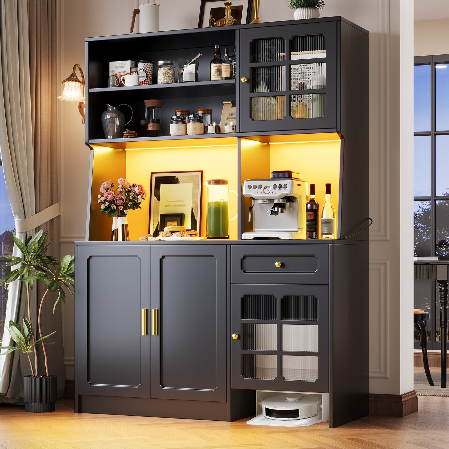 Gigab2b original image - Küchenschrank (130 x 45 x 180 cm), hoher Küchenschrank, Sideboard, Küchenschrank mit Glastüren und LED-Beleuchtung, Schwarz