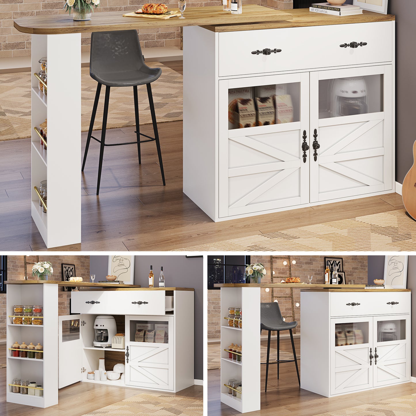 Ausziehbarer Bartisch mit Stauraum(138-204×39×104cm) , 360° drehbare Essbar,Moderner Beweglicher Bar Table,Hochtisch Kücheninsel Bistro Table, Sideboardschrank mit Regalen, weiß