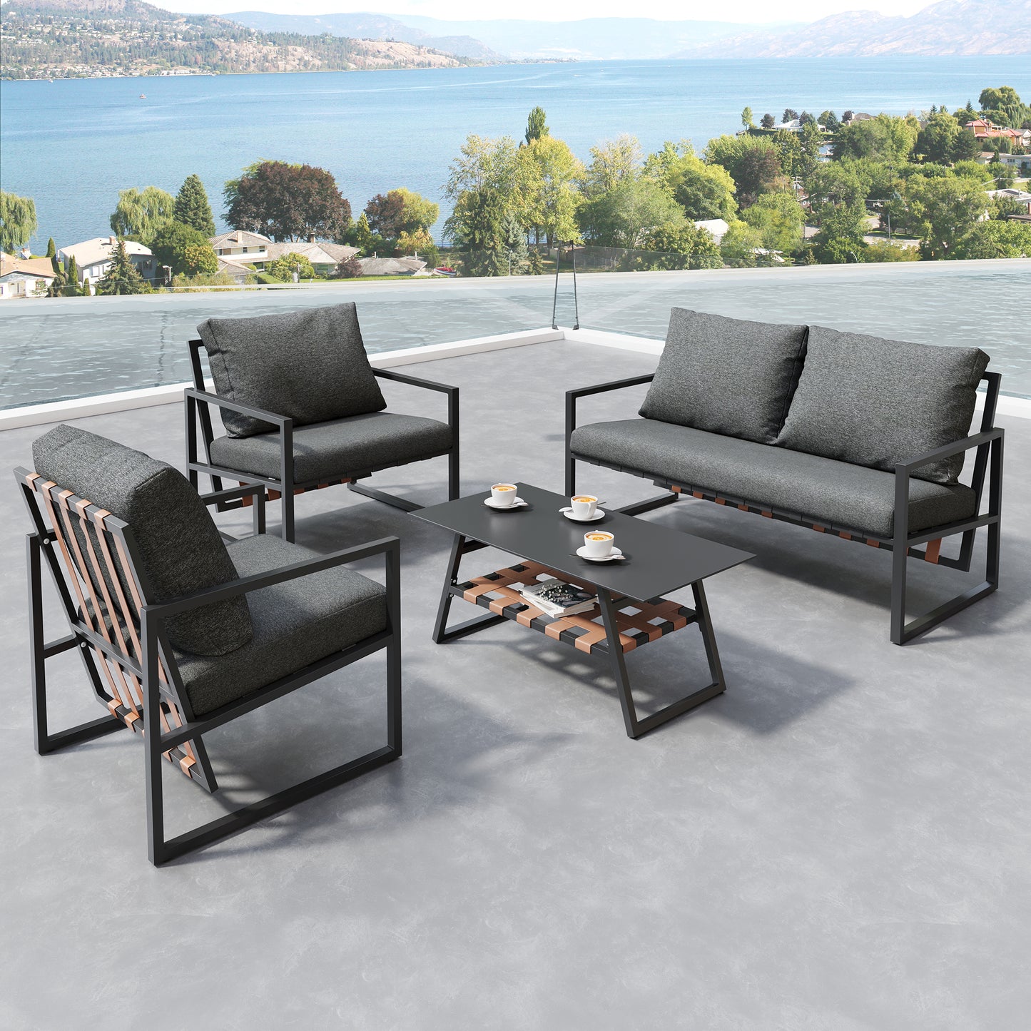 Gigab2b original image - Gartenmöbel Sitzgarnitur Garten-Garnitur Set,Gartenlounge für 4 Personen, mit Sofa,Couchtisch & Kissen, abnehmbarer und waschbarer Stoffbezug,schwarz