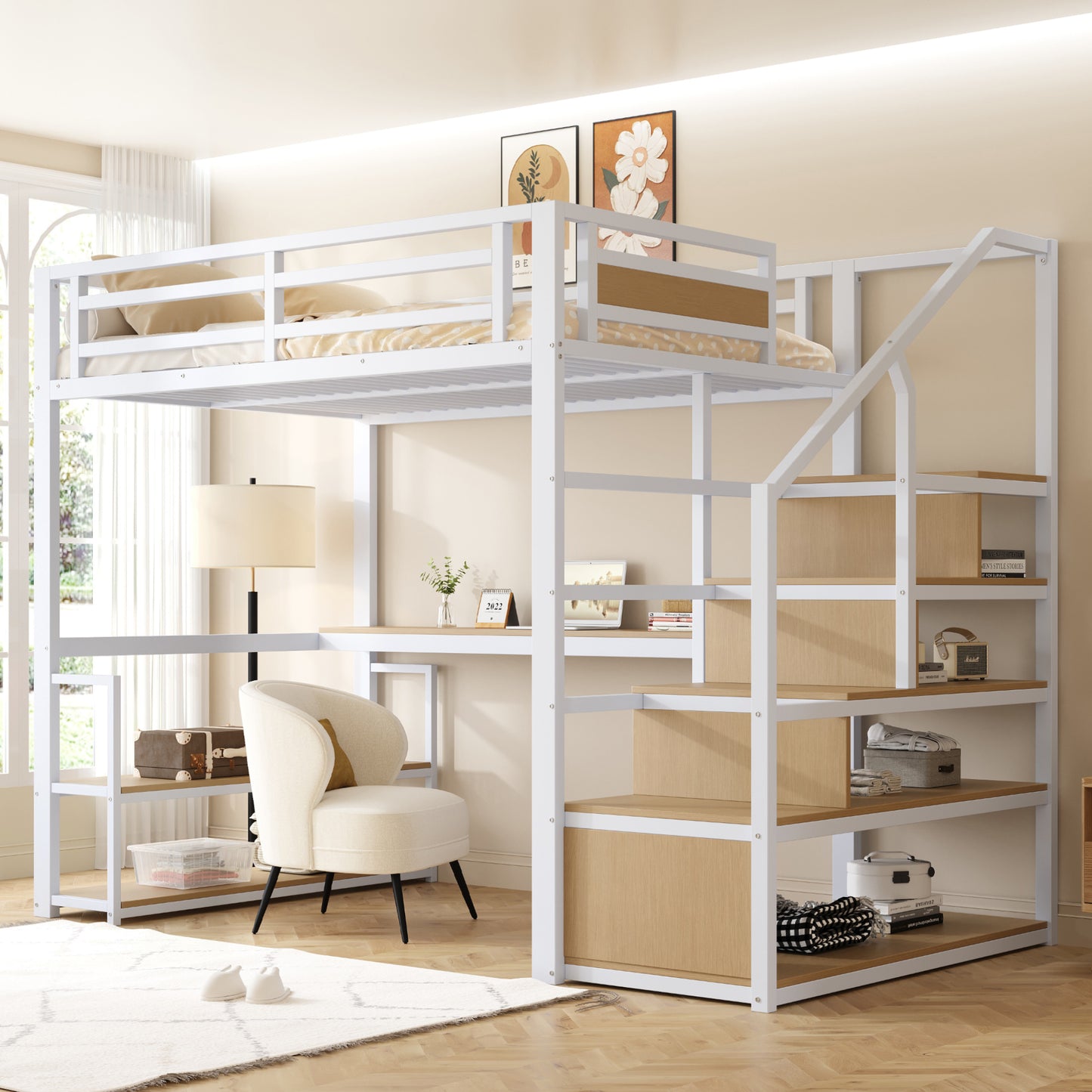 140*200 Metall-Hochbett mit Aufbewahrungsleiter mit Regalen und Tisch, Sicherheitszaun-Design mit gespleißten Metallplanken, Hohes Eisenrahmenbett mit Metallrahmen für stabile Unterstützung, Weiß