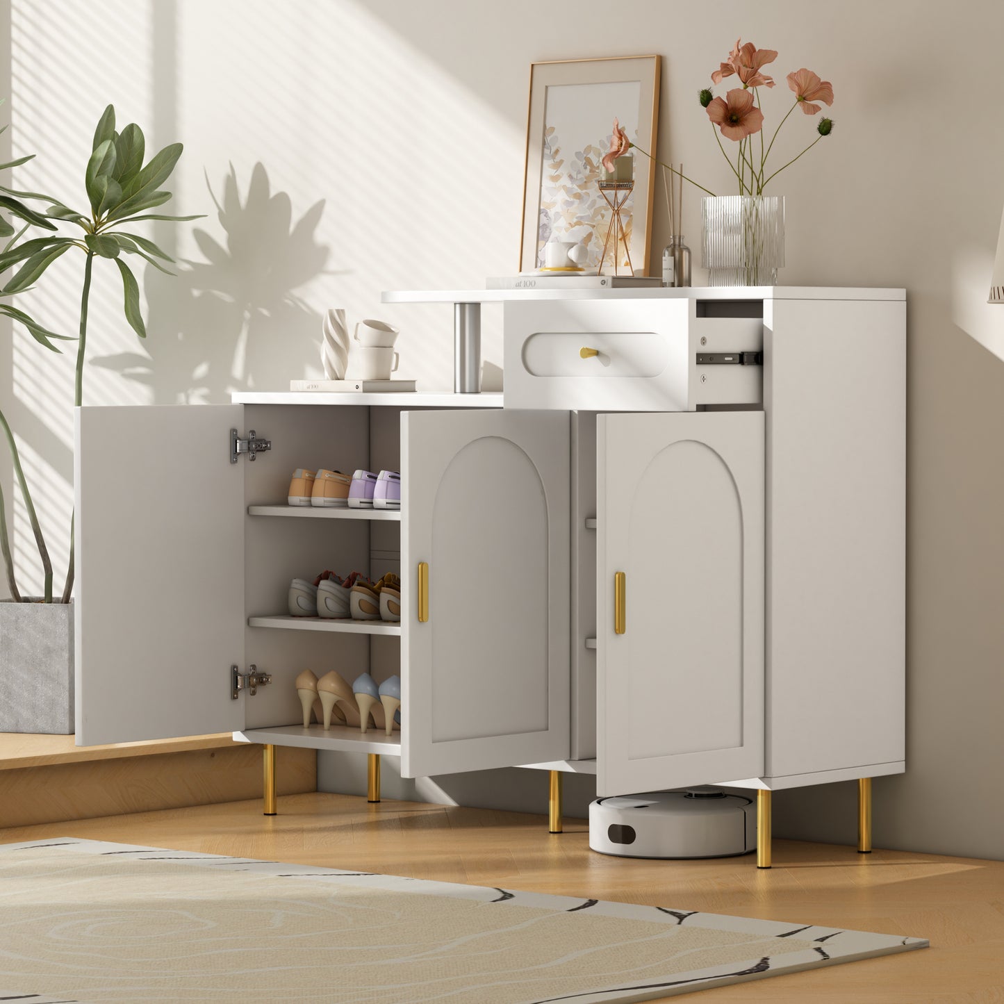 Gigab2b original image - Kommode/Sideboard/Schuhschrank mit Metallgriffen, 1 Schublade und 3 Türen, auf Metallfüßen, Weiß. Maße: B120 × H92 × T35 cm