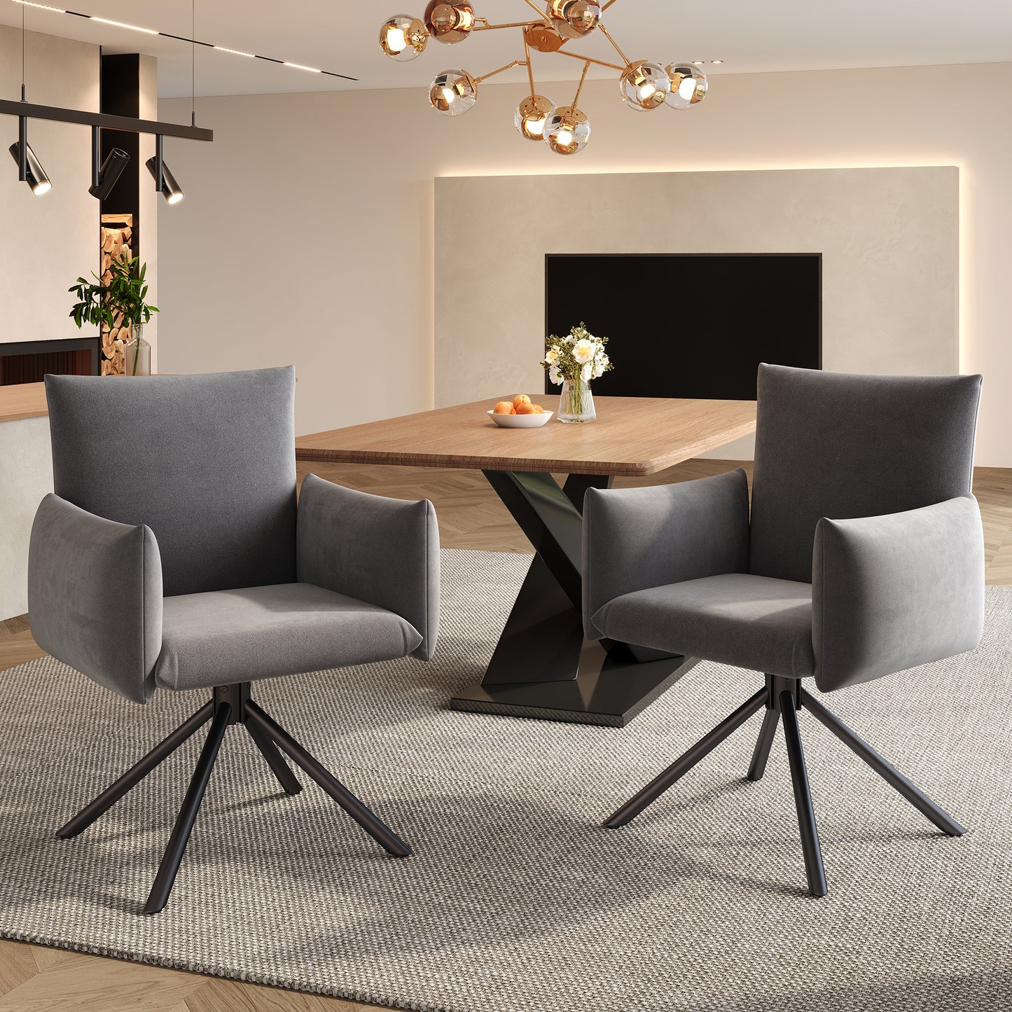 Gigab2b original image - Zwei Esszimmerstühle Set, Gepolsterter Sessel mit 4 Metallbeinen, 360°Lässiger Drehstuhl, Wohnzimmer Schlafzimmerstuhl, Arbeits- und Schreibtischstuhl, Lordosenstütze, Samt, Grau