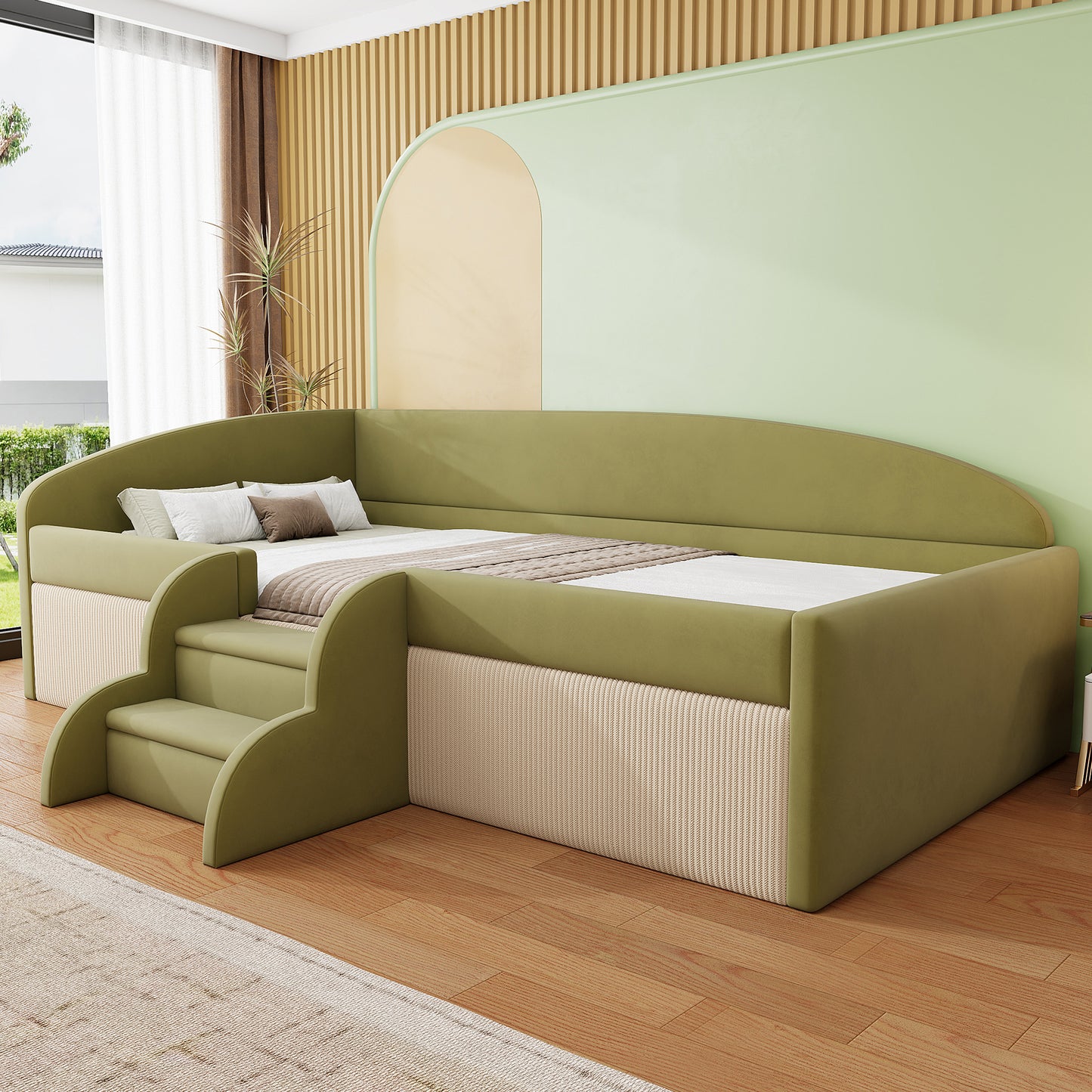 Gigab2b original image - Polsterbett Sofabett ,90*190cm,Multifunktionsbett, Mit Stufen und Zäunen,Hautfreundlicher Samtstoff,ohne Matratze,Dunkelgrün + Cremeweiß
