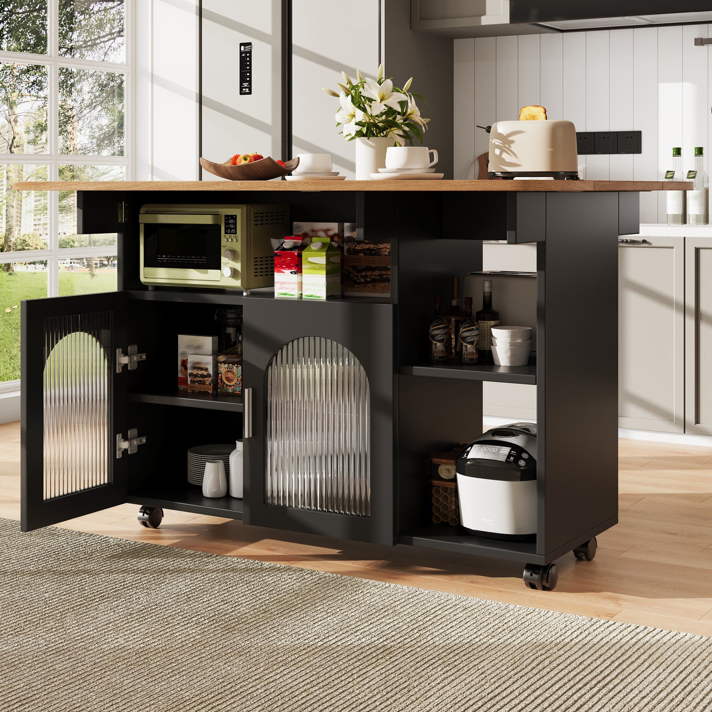 Gigab2b original image - Kücheninsel,Modernes Küchensiland, Küchenschrank, Abnehmbare Servierwagen buffetschrank, Speisewagen mit Holzmaserung, buffetschrank, Multifunktionale Esstisch mit Speicherraum, Schwarz