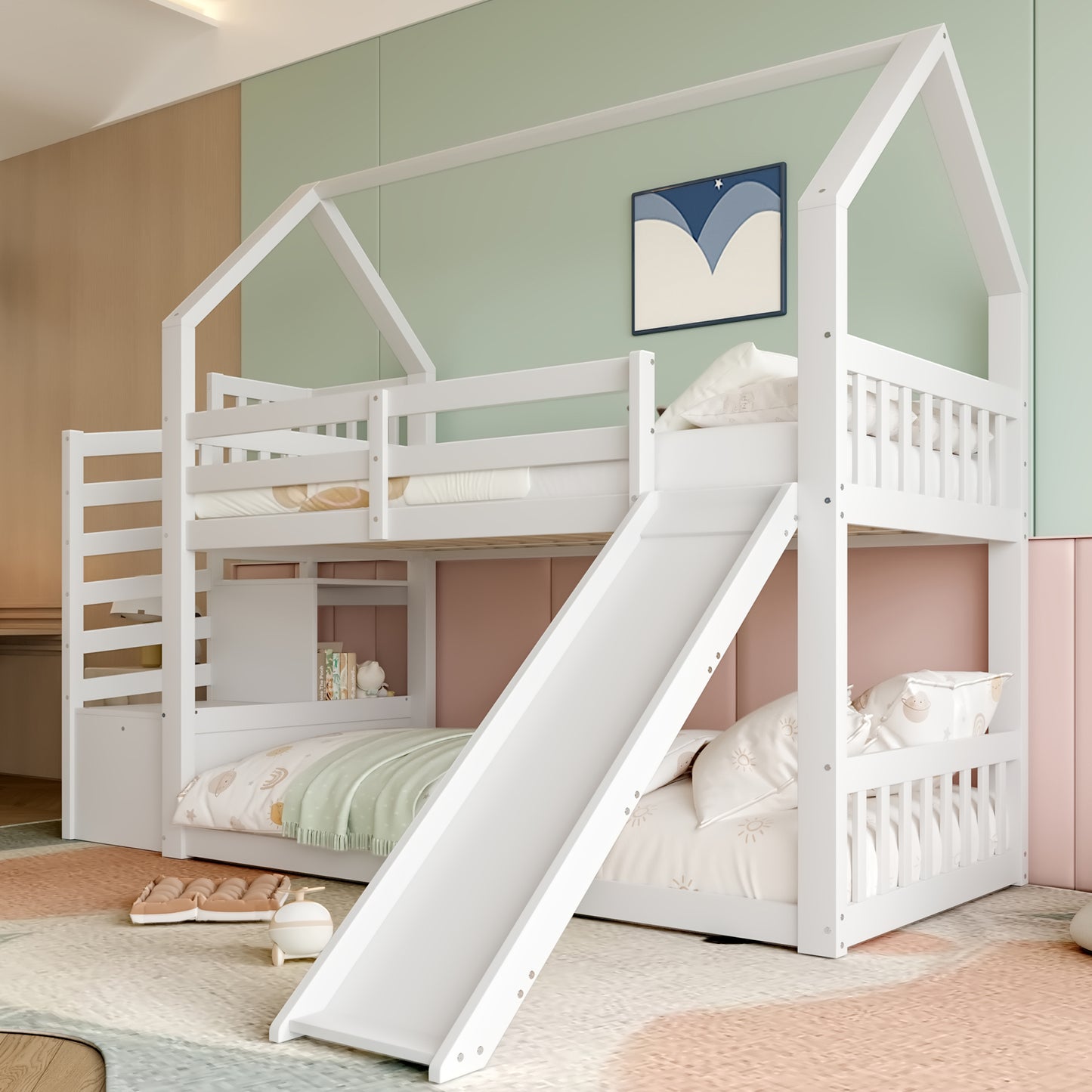 =(WX000402AAA-3)Etagenbett mit Stauraumtreppe und Rutsche, Hausbett(Ohne Matratze), Kinderbett mit Geländer, geeignet für Kinder, Jugendliche, 90x200cm, Weiß