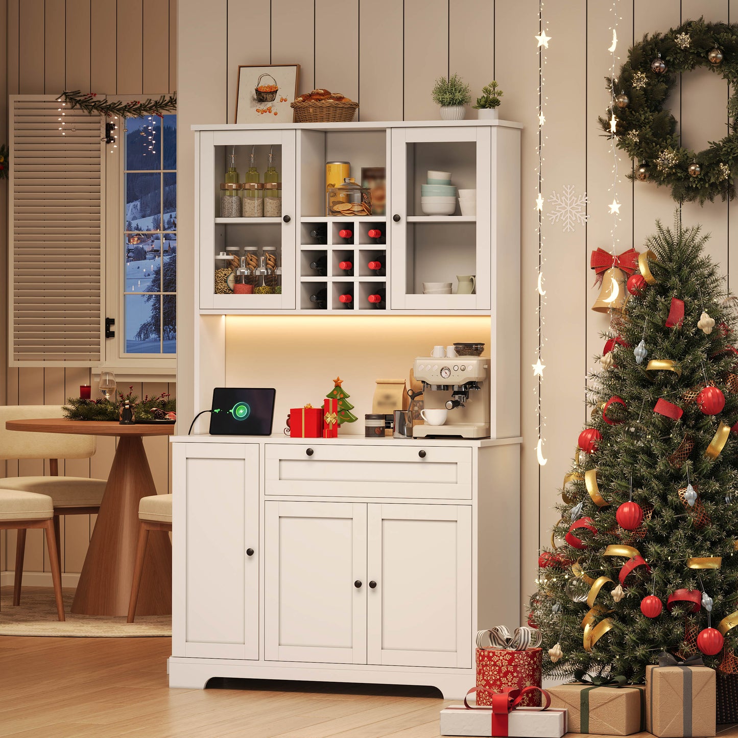 Gigab2b original image - Küchenschrank, Hochschrank, Aufbewahrungsschrank, Vitrinenschrank mit Tür, integriertem Gewürzregal, verstellbaren Einlegeböden,mit farbwechselnder LED-Beleuchtung und Steckdose, 180 × 105 × 40 cm