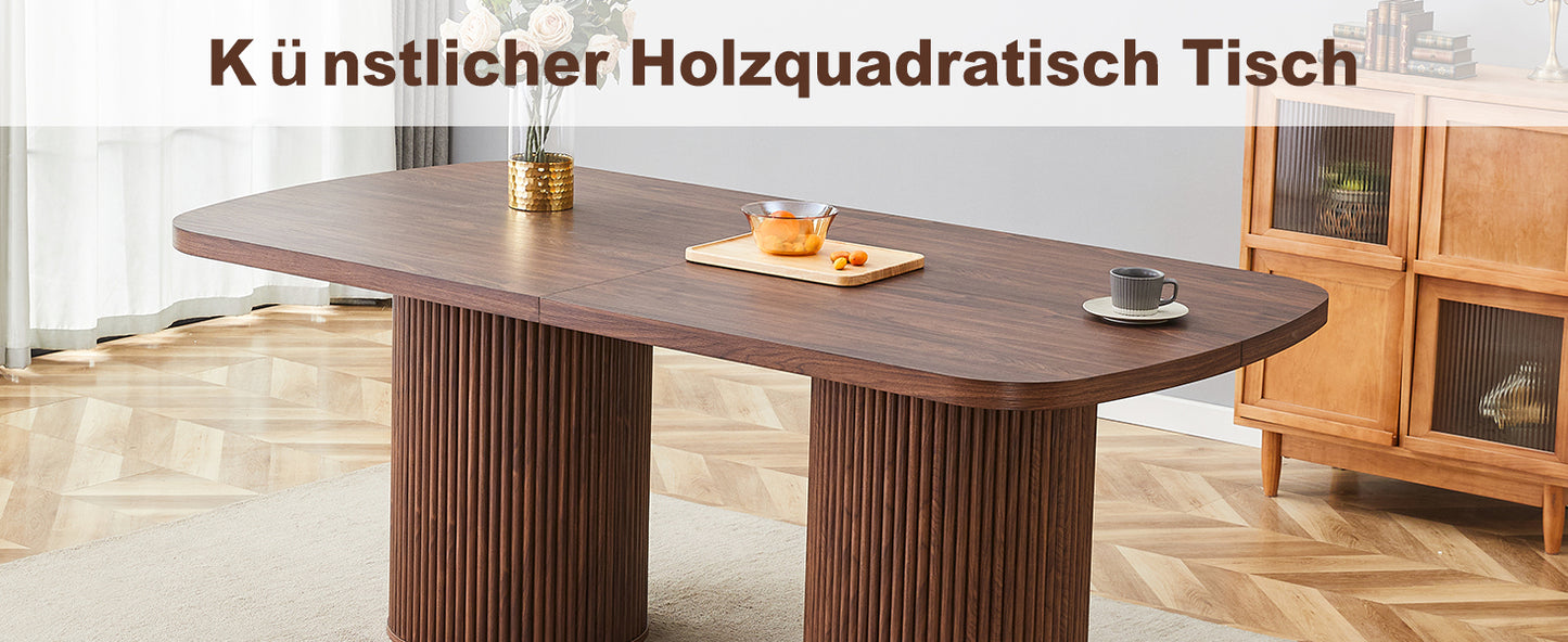 Moderner ovaler Esstisch mit geriffeltem Säulenfuß, hochwertiger MDF-Oberfläche in Holzoptik, im Wabi-Sabi- und Mid-Century-Stil für die heimische Küche