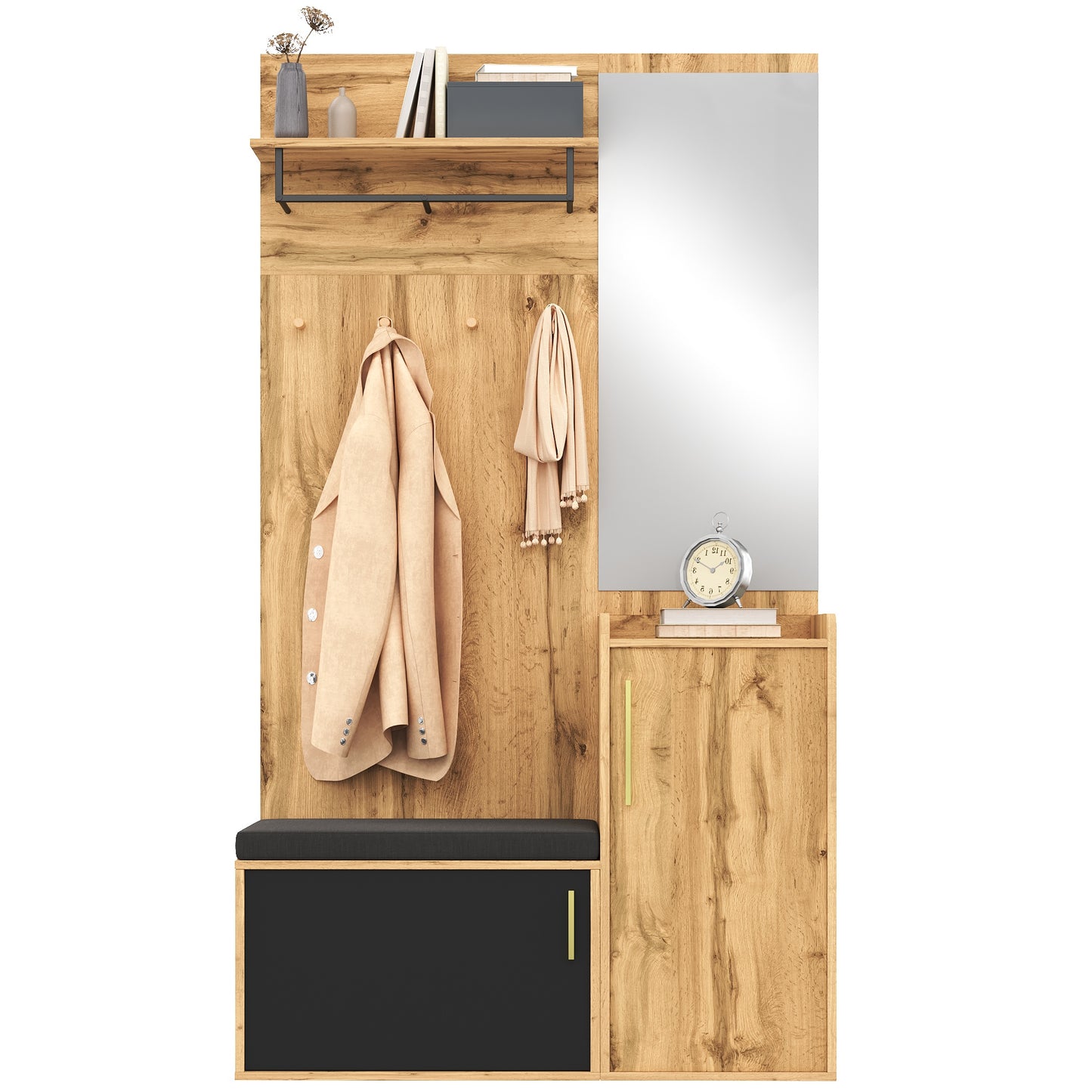 Gigab2b original image - Kompakter Kleiderschrank mit Spiegel und Sitzbank, Flurschrank mit Schuhregal und Haken, kompakter Kleiderschrank, Flurmöbelset(Not a one-piece product, holes need to be drilled in the wall.)