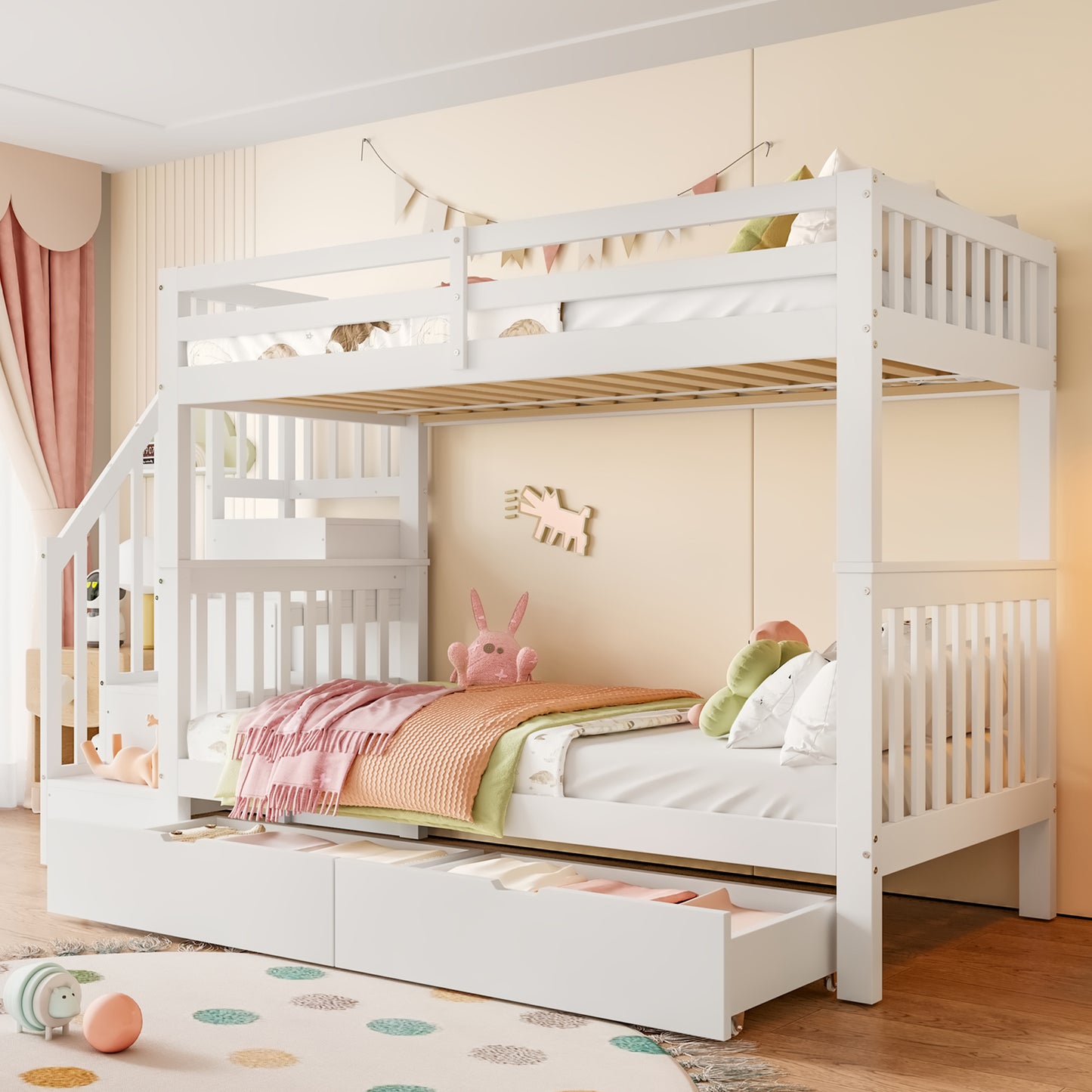 =(WX000818AAK) 90*200cm Etagenbett, Treppenregal, ausgestattet mit zwei Schubladen, hohe Geländer, EN747-1 zertifiziert, weiß