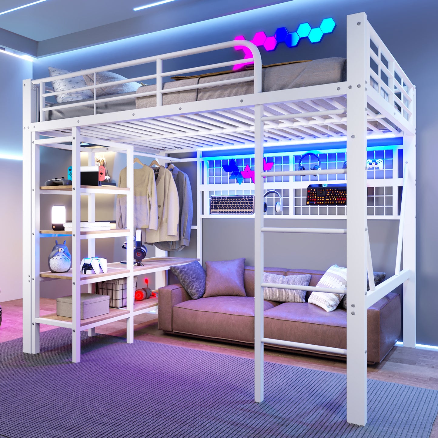 Gigab2b original image - Hochbett, 140 x 200 cm, Eisenrahmen, Ablagefach, Netz zum Aufhängen von Gegenständen, mit Kleiderstange, offener Raum unter dem Bett, mit LED-Lichtleiste, ohne Matratze, Weiß