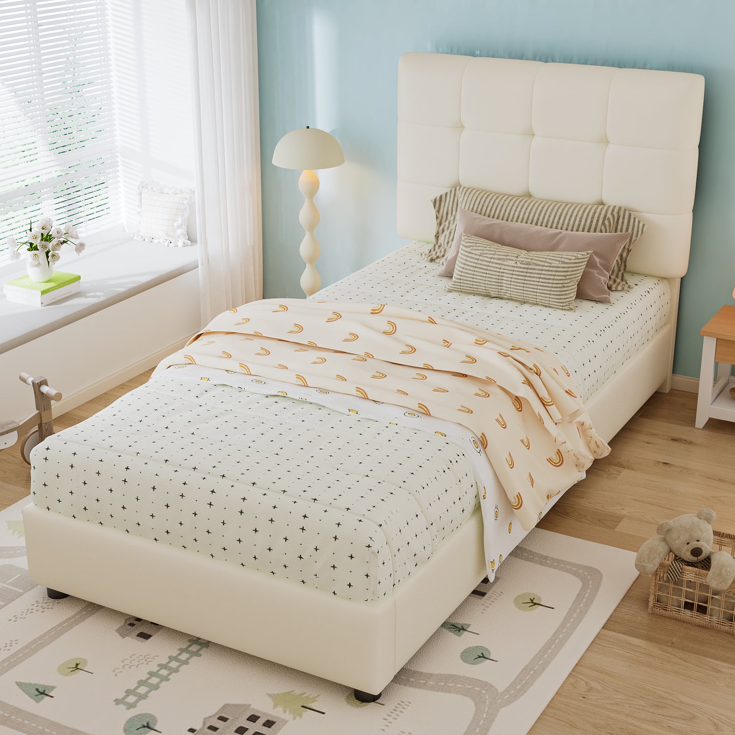Gigab2b original image - Polsterbett, Einzelbett, Kinderbett, Weiche Kopfteil-Rückenlehne und Antikollisions-Schwammkante, Keksförmiges Kopfteil, PU + Eisen + Schwamm+Sperrholz, Beige, 90x200cm