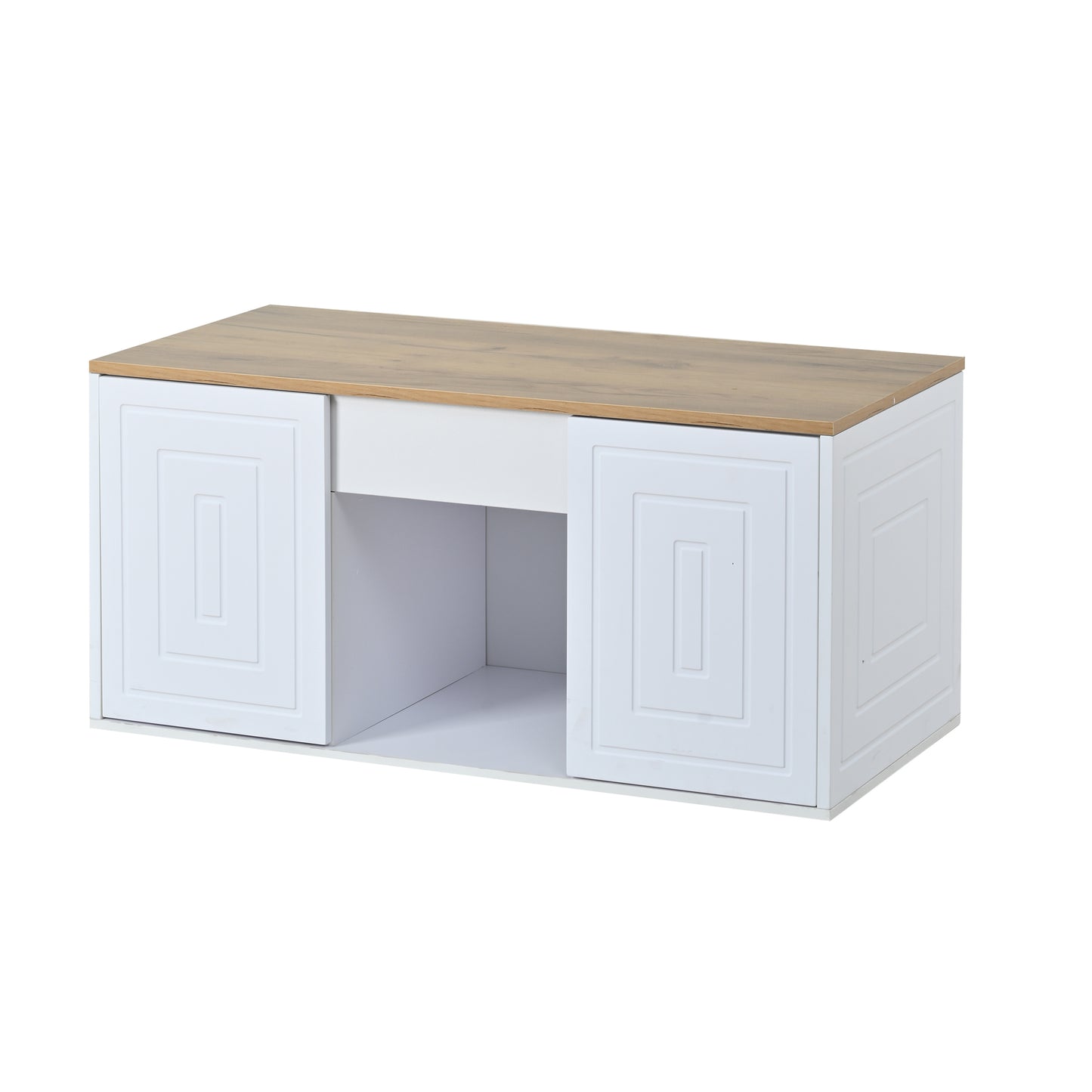 Wohnzimmer-Couchtisch, 46 x 95 x 45 cm, höhenverstellbar bis maximal ca. 59 cm, mit zwei Schranktüren und einem klaren, stromlinienförmigen Design.Beistelltisch aus Naturholz,Sofatisch, Schreibtisch
