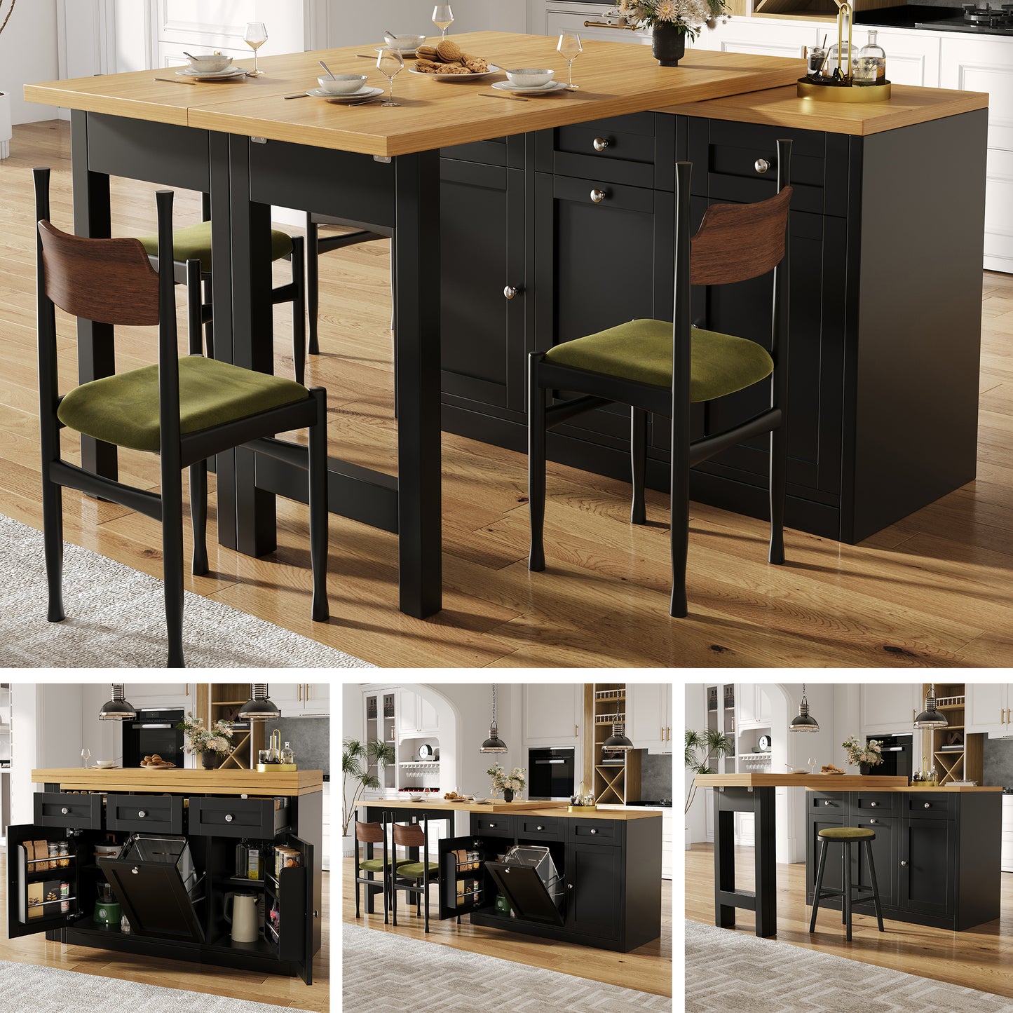 Ausziehbarer Bartisch mit Stauraum, Klappbarer Esstisch mit Schublade & Snackablage, herausziehbarer Mülleimerhalter (Eimer nicht enthalten), platzsparendes Design für kleine Wohnungen, Küche,Schwarz