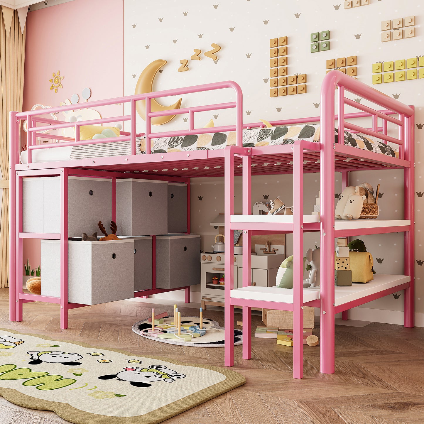 Gigab2b original image - Kinderbett 90x200 hochbett aus Metall mit Stauraum, Bett mit breiter Treppe, abgerundeten Ecken, Schubladen und Regalen für platzsparende Organisation im Kinderzimmer Rosa