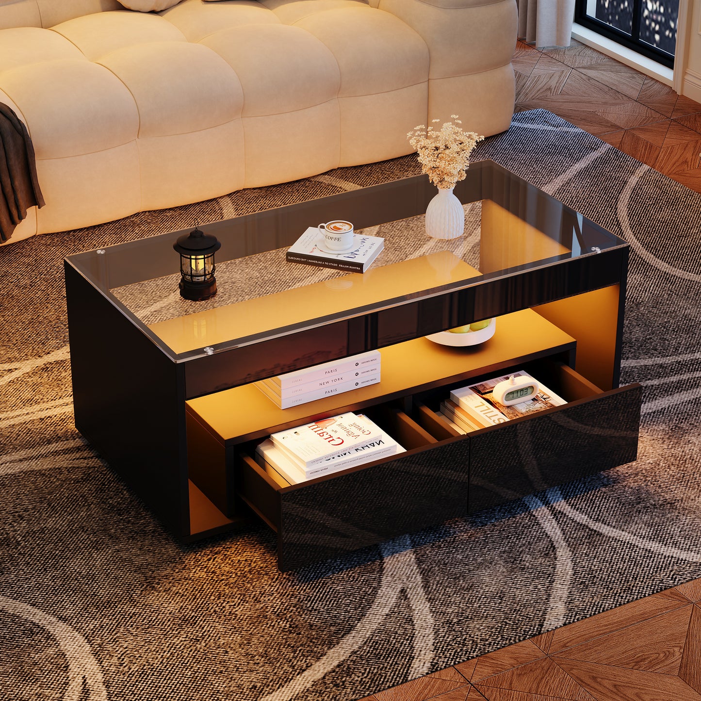 Gigab2b original image - Moderner Couchtisch mit 16-farbigem LED-Licht, rechteckiger sofatisch mit 2 großen Schubladen, geräumiger Wohnzimmertisch aus Glas, doppelschichtiges Design, Hochglanz, großer Wohnzimmertisch, schwarz