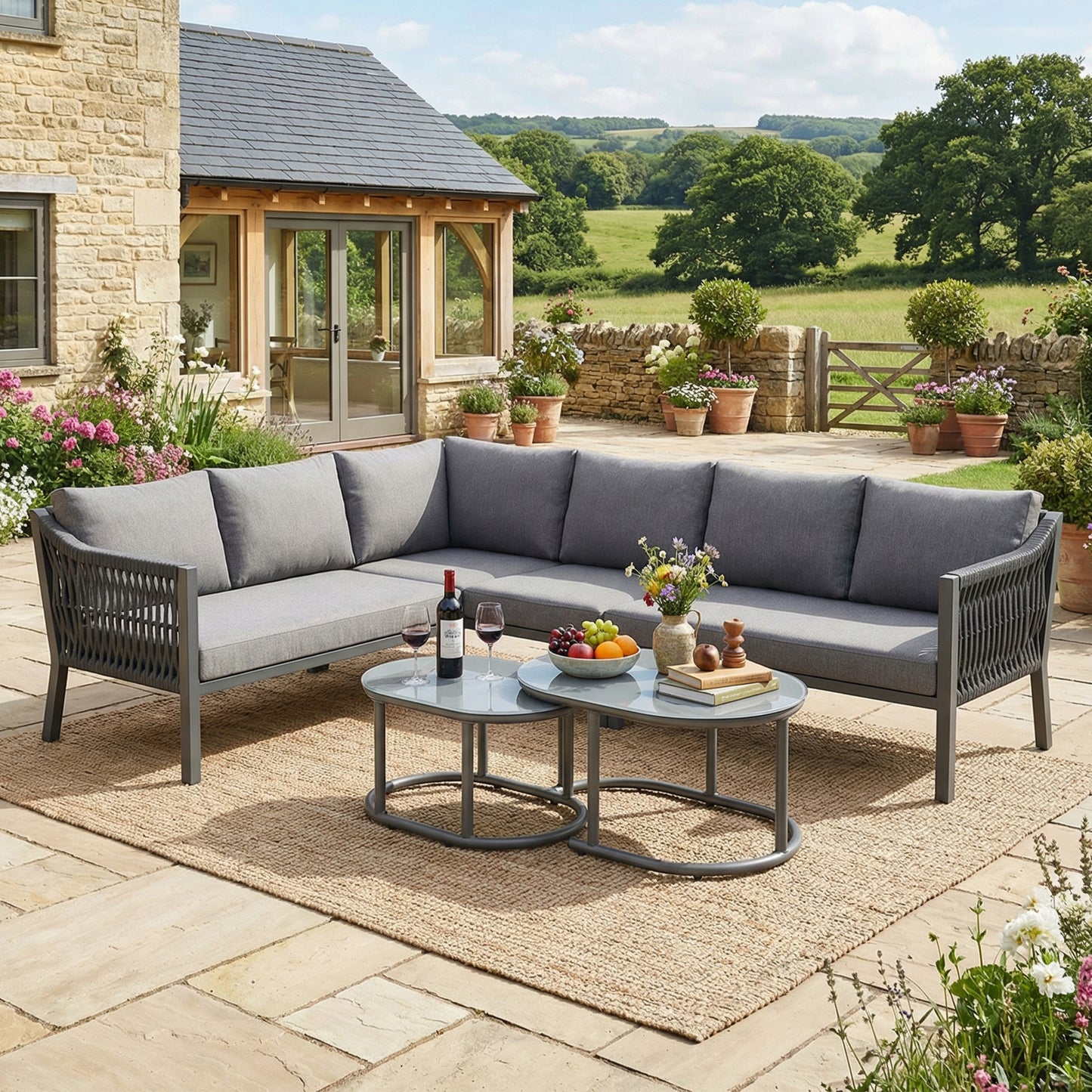 Gigab2b original image - Garten-Essgruppe,Gartenmöbel-Set,6 Personen, Eckstellung, Verzinktes Eisen, Glastischplatte, handgeflochtenes Seil, beinhaltet zwei Couchtische und ein Sofa, grau