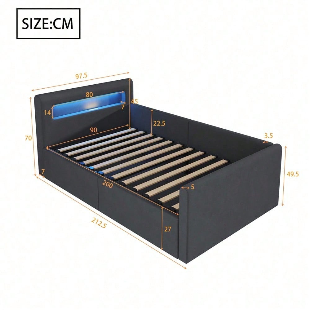 Kinderbett 90x200 cm mit LED-Beleuchtung & USB-Ladestation - Polsterbett mit hydraulischem Stauraum, Nachtlicht und Regal - Samtstoff Bezug in Dunkelgrau für Jungen & Mädchen