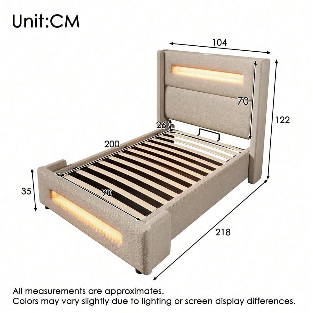 Graues Polsterbett 90x200 cm mit LED & USB-C – Jugendbett mit hydraulischem Stauraum, Metallrahmen & inkl. Matratze (Leinenbezug)