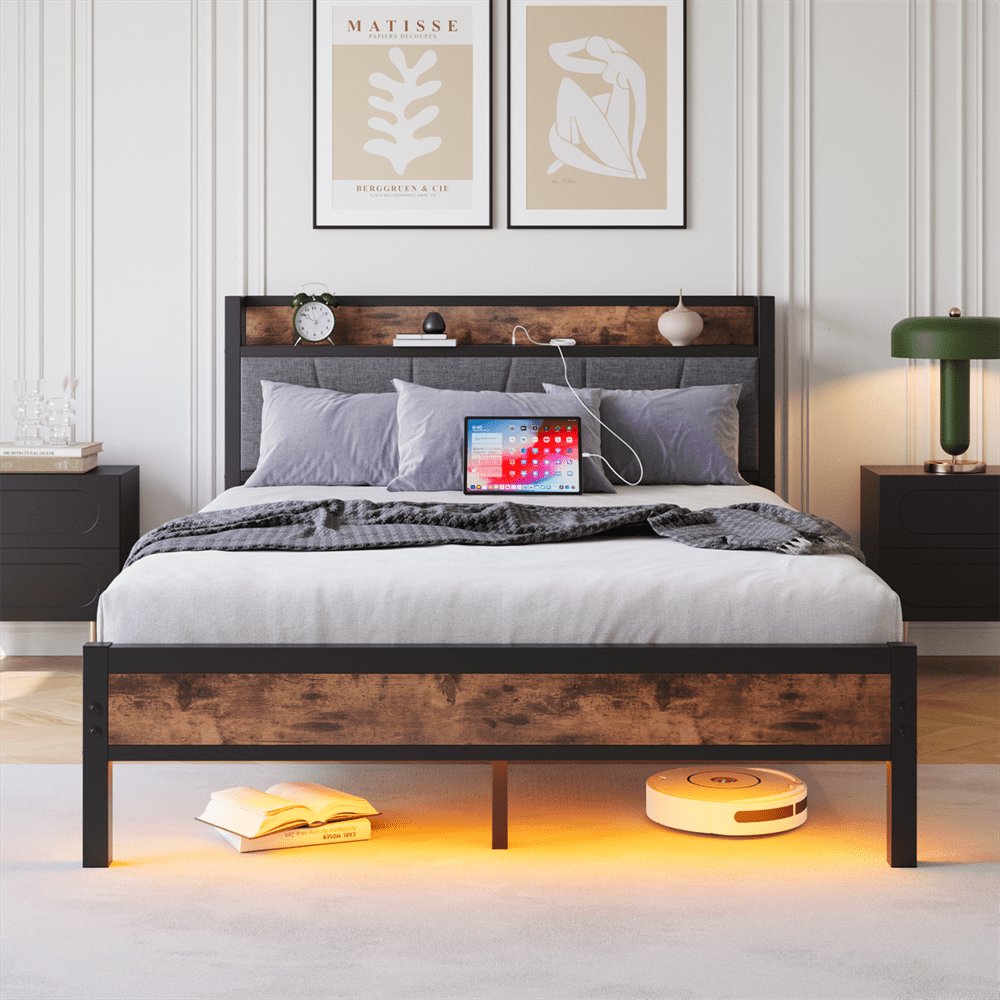 Smart Bettrahmen 140x200 cm - Mit LED-Beleuchtung & USB-Ladestation - Heavy Duty Metalllamellen, geräuschfrei, einfach montierbar