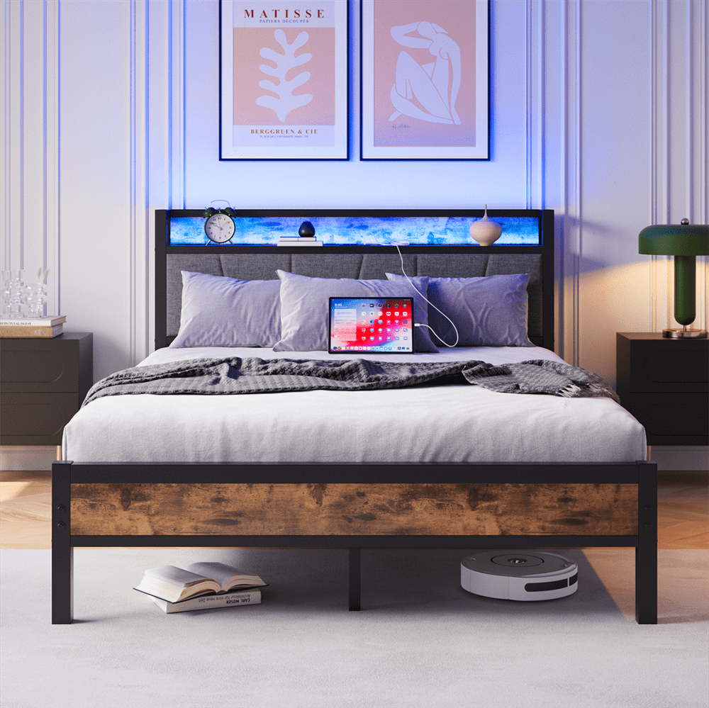 Smart Bettrahmen 140x200 cm - Mit LED-Beleuchtung & USB-Ladestation - Heavy Duty Metalllamellen, geräuschfrei, einfach montierbar