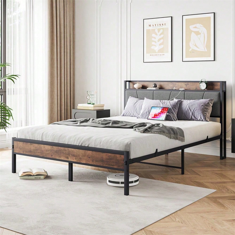 Smart Bettrahmen 140x200 cm - Mit LED-Beleuchtung & USB-Ladestation - Heavy Duty Metalllamellen, geräuschfrei, einfach montierbar