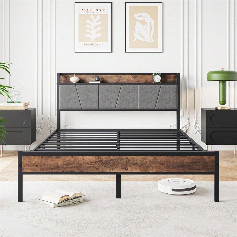 Smart Bettrahmen 140x200 cm - Mit LED-Beleuchtung & USB-Ladestation - Heavy Duty Metalllamellen, geräuschfrei, einfach montierbar