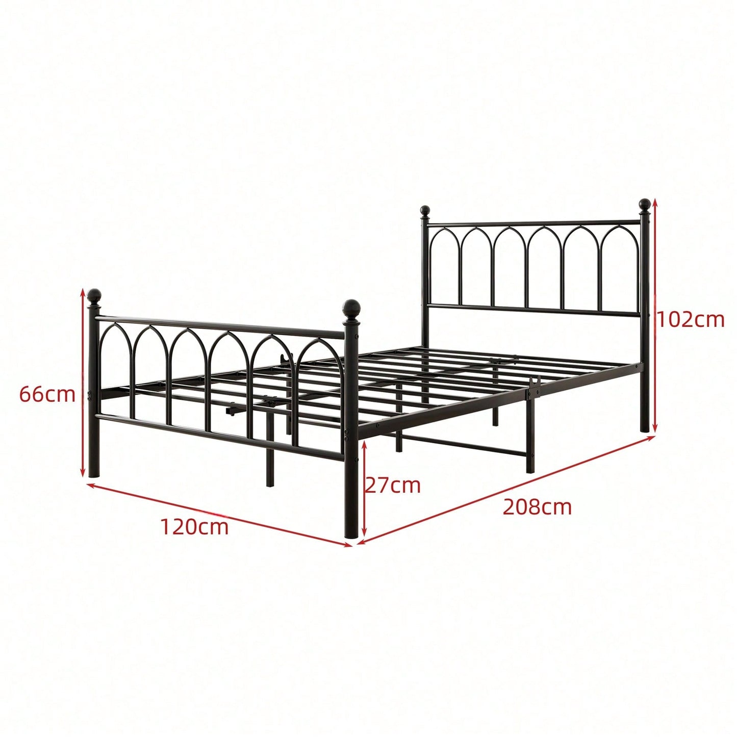 Schwarzes Vintage-Metallbett 120x200 cm - Mit USB-Ladestation & LED-Beleuchtung - Stahl-Slat Unterstützung, großer Stauraum