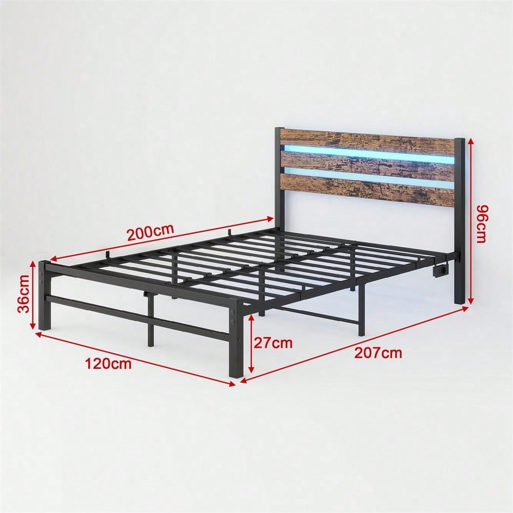 120x200cm Bettrahmen mit Kopfplatte, Metallbettrahmen mit USB-Ladestation, LED-Bettrahmen, Starke Stahlschicht-Unterstützung, Unter Bettlagerung, Keine Boxfeder erforderlich, Lärmfrei, Einfache Montag
