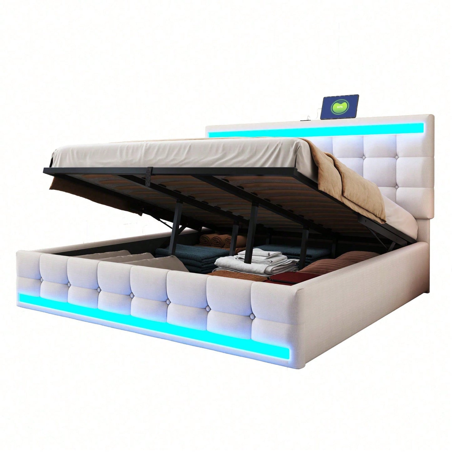Polsterbett 180*200 Hydraulisches Stauraum-Kinderbett mit USB und farbwechselndem LED-Lichtstreifen,Grau Leinen-Einzelbett