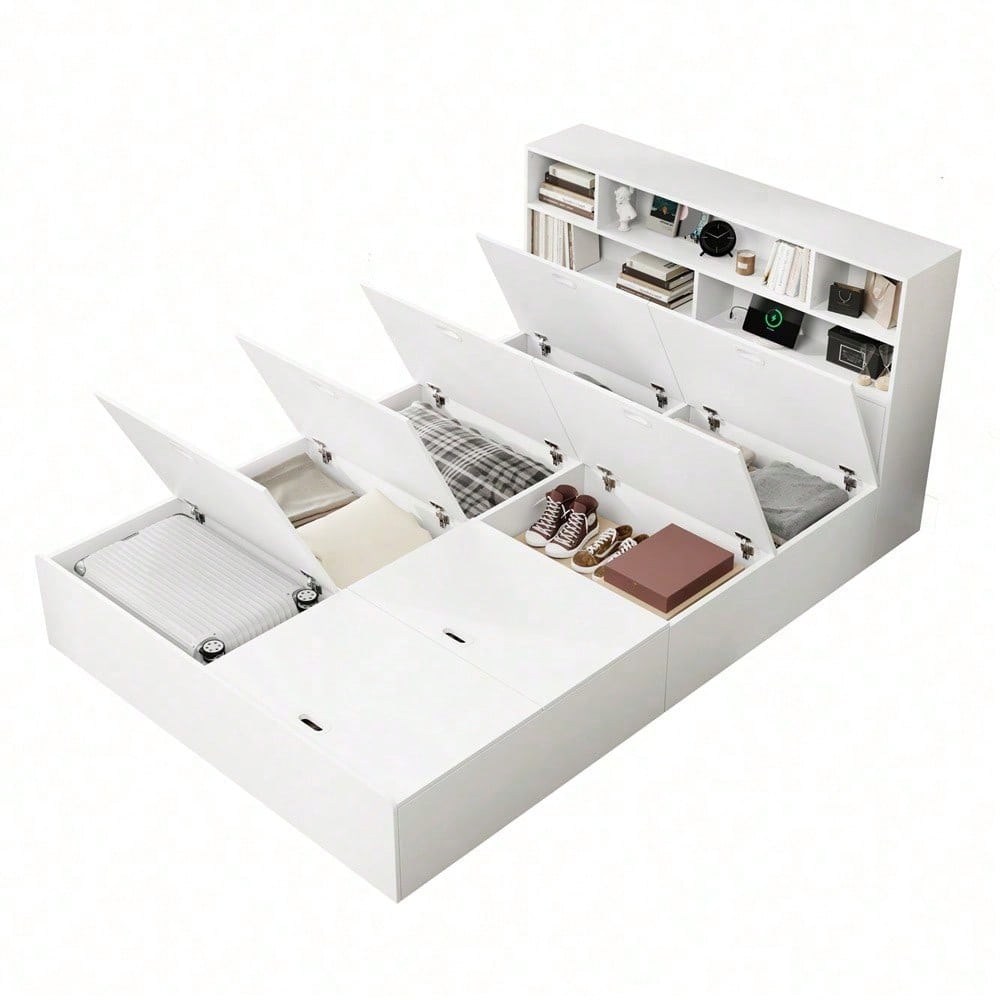 Stauraumbett 140*200cm, Doppelbett,Funktionsbett,Massivholzbett, mit USB-Anschluss, mit Aufbewahrungsbox unter dem Bett, mit Stauraum, ohne Matratze, weiß