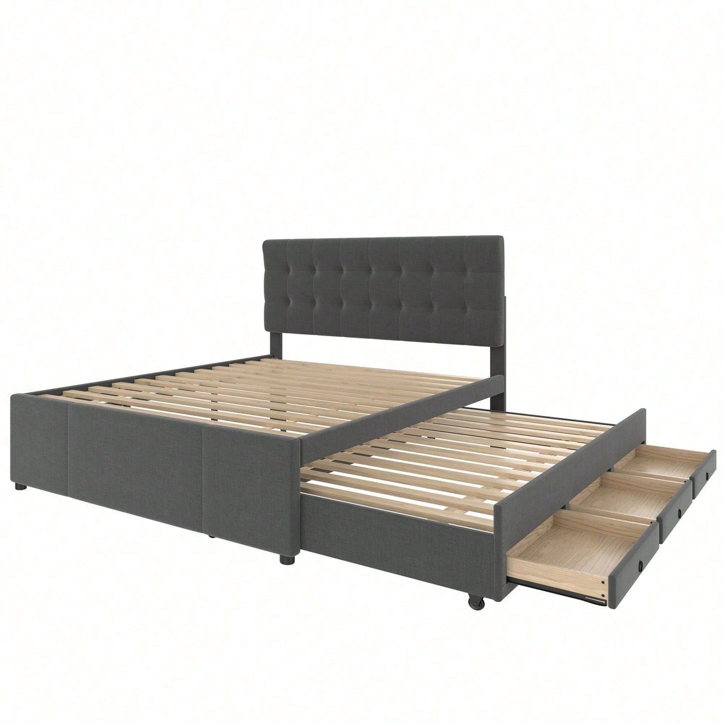 Polsterbett, 140x200cm, Doppelbett, Familienbett, Ehebett mit drei Schubladen, ausziehbares Bett, Verstellbares Kopfteil, Ohne Matratze, Beige