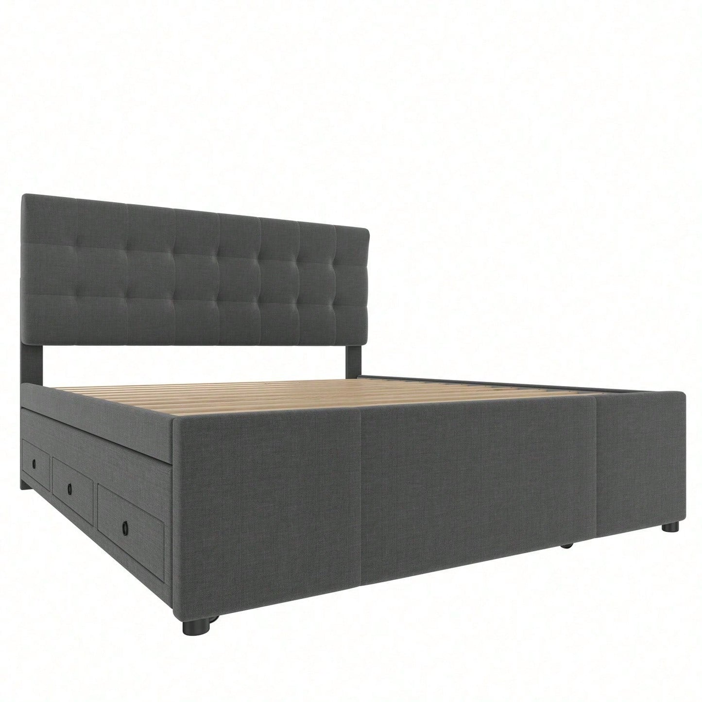 Polsterbett, 140x200cm, Doppelbett, Familienbett, Ehebett mit drei Schubladen, ausziehbares Bett, Verstellbares Kopfteil, Ohne Matratze, Beige