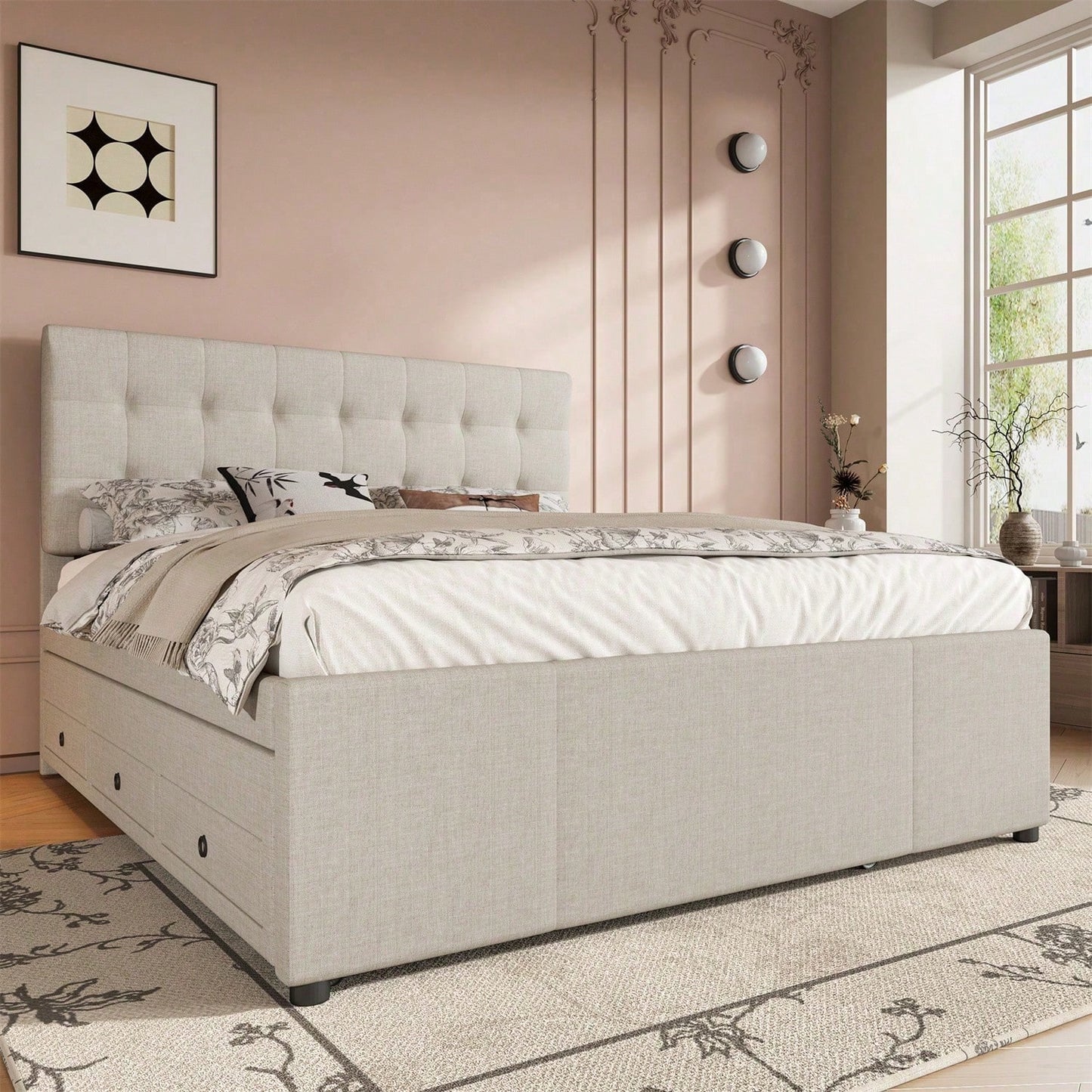 Polsterbett, 140x200cm, Doppelbett, Familienbett, Ehebett mit drei Schubladen, ausziehbares Bett, Verstellbares Kopfteil, Ohne Matratze, Beige