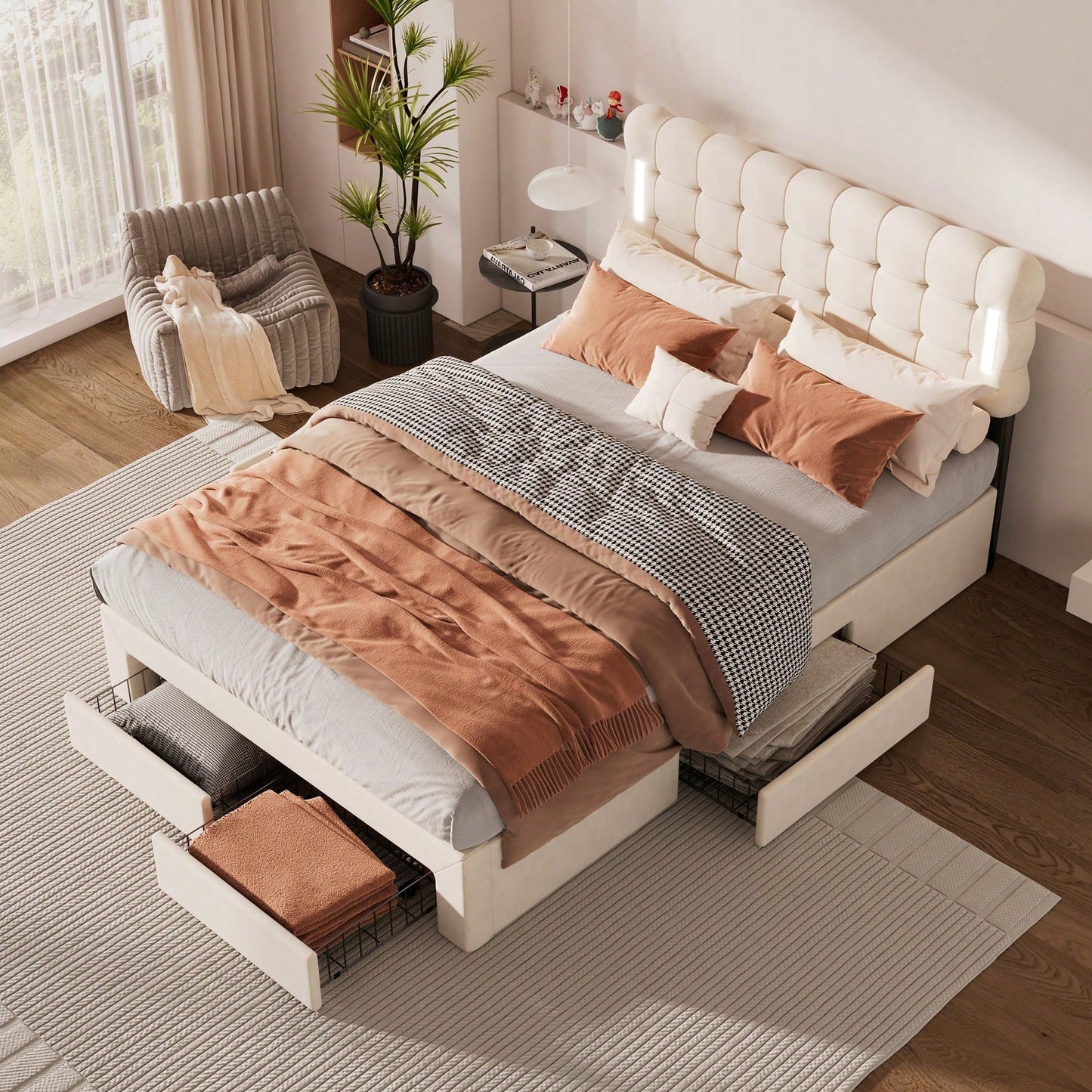 140*200cm Flachbett, gepolstertes Bett, Beleuchtung auf beiden Seiten des Bettes, vier Schubladen am Ende des Bettes, großer Stauraum, Farbe beige