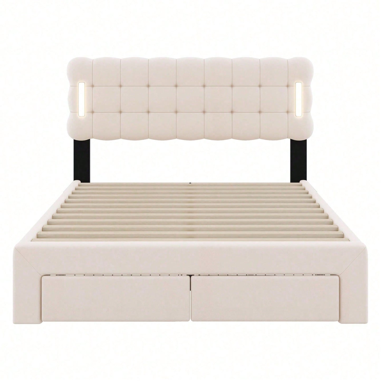 140*200cm Flachbett, gepolstertes Bett, Beleuchtung auf beiden Seiten des Bettes, vier Schubladen am Ende des Bettes, großer Stauraum, Farbe beige