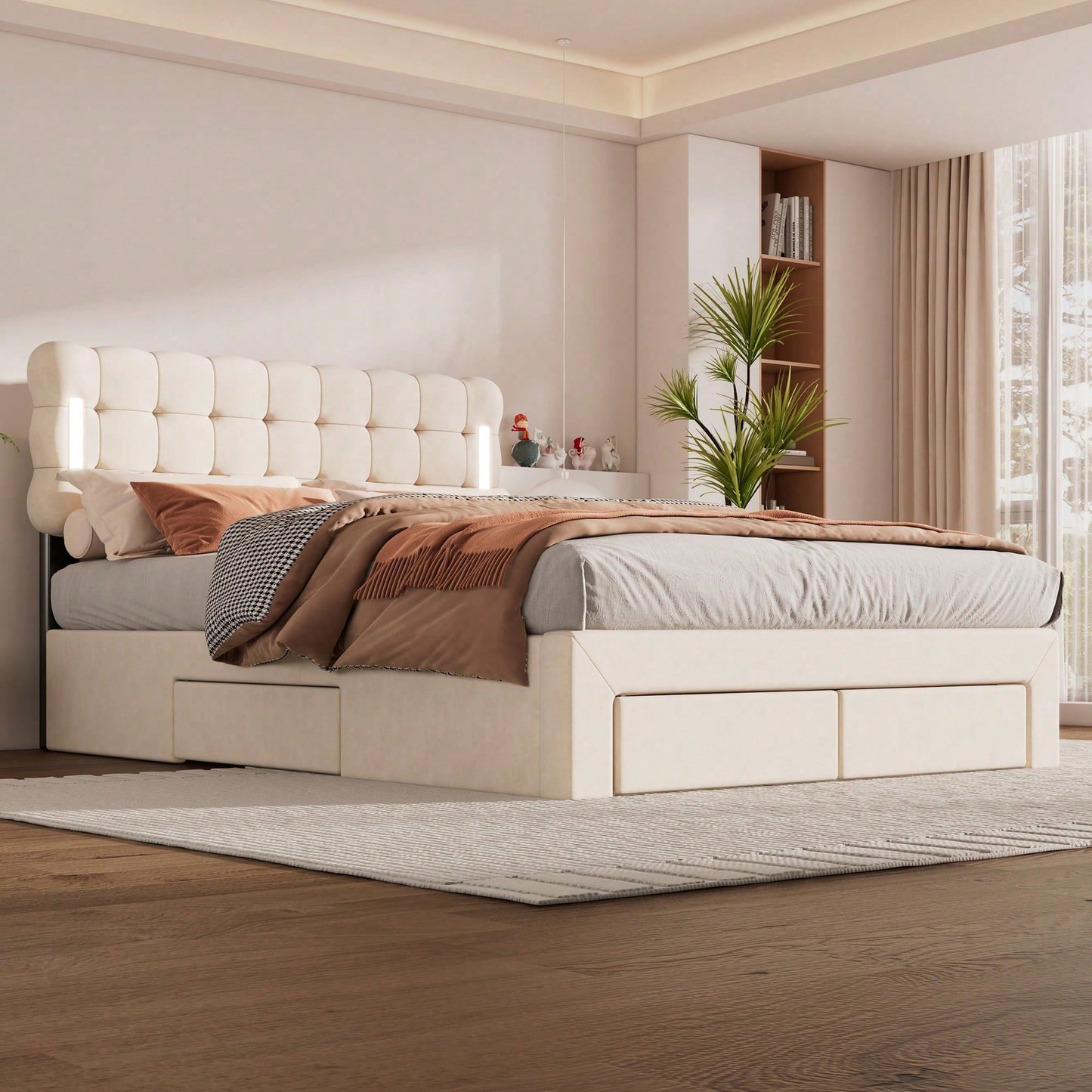 140*200cm Flachbett, gepolstertes Bett, Beleuchtung auf beiden Seiten des Bettes, vier Schubladen am Ende des Bettes, großer Stauraum, Farbe beige