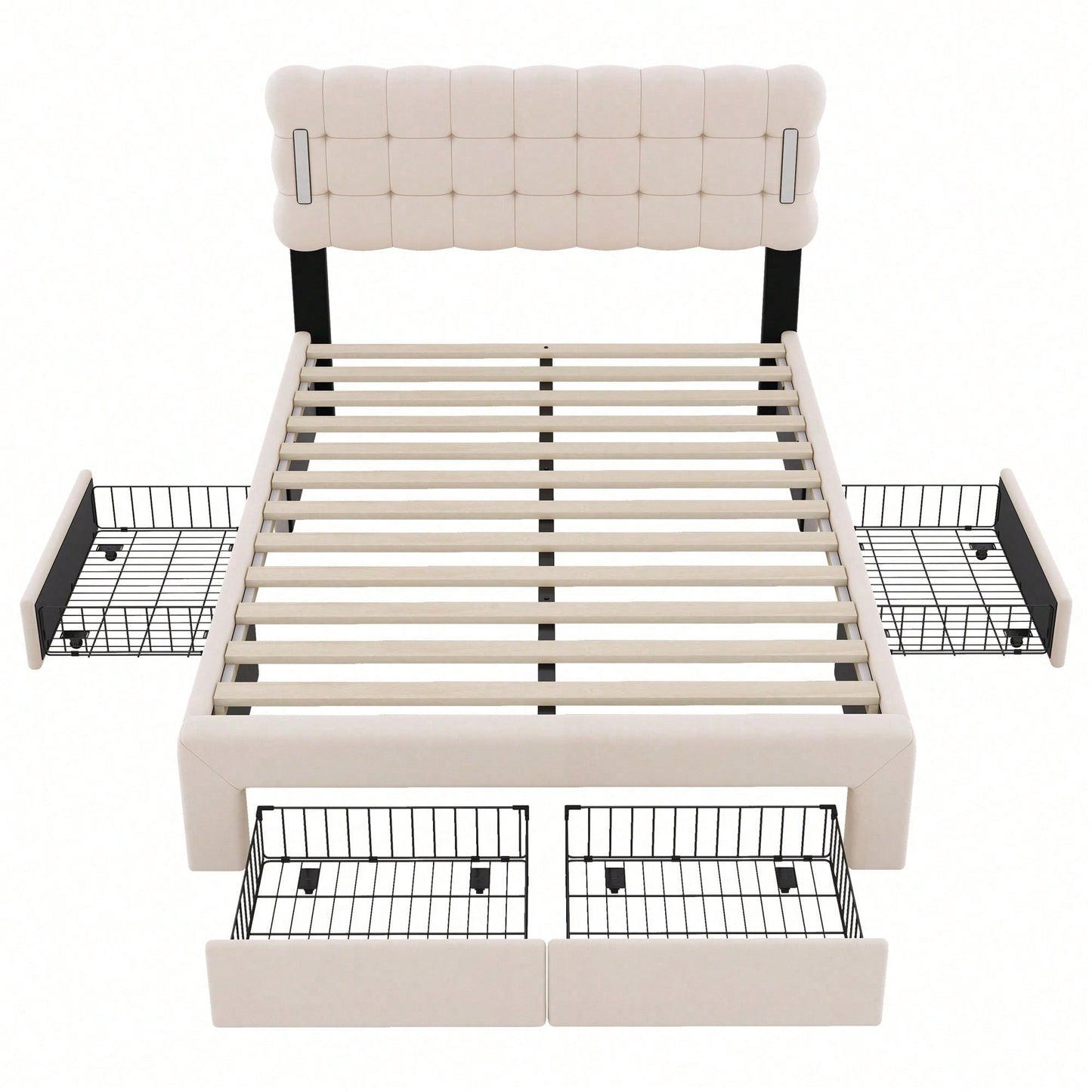 140*200cm Flachbett, gepolstertes Bett, Beleuchtung auf beiden Seiten des Bettes, vier Schubladen am Ende des Bettes, großer Stauraum, Farbe beige